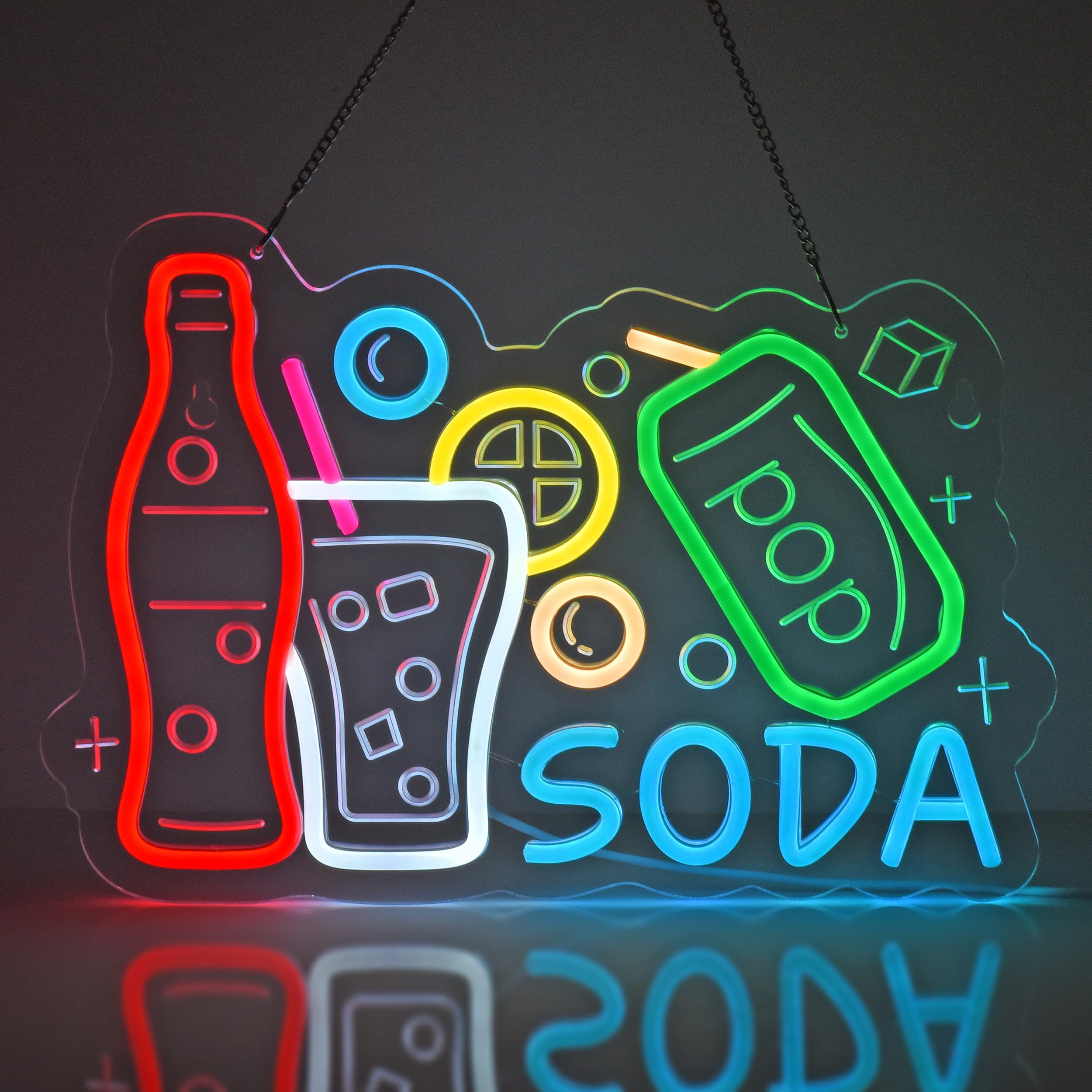 Photo 1 of MOJOXR Soda Neon Sign, Neon Light Hanging Wall Art Decoration for Soda Shop Drinks Cafe Bar Restaurant Man Cave Living Room Bedroom Home Decor, USB Powered Ultra Bright Dimmable, 15.75 * 10.6inches