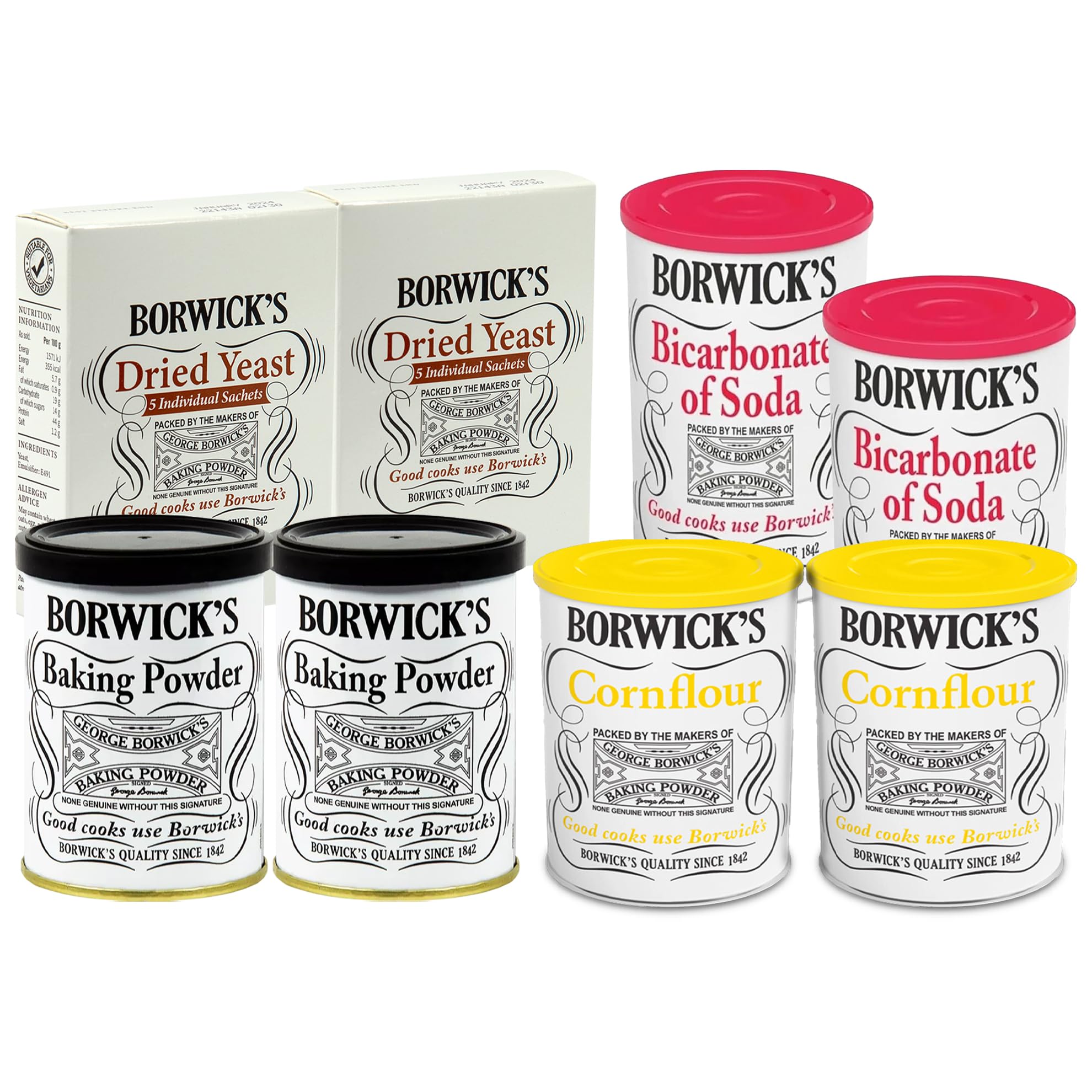 Borwicks Baking Aids | Custom Pack Of 6 | Includes Yeast, Bicarb of Soda, Baking Powder and Cornflour | 2 Of Each Choice