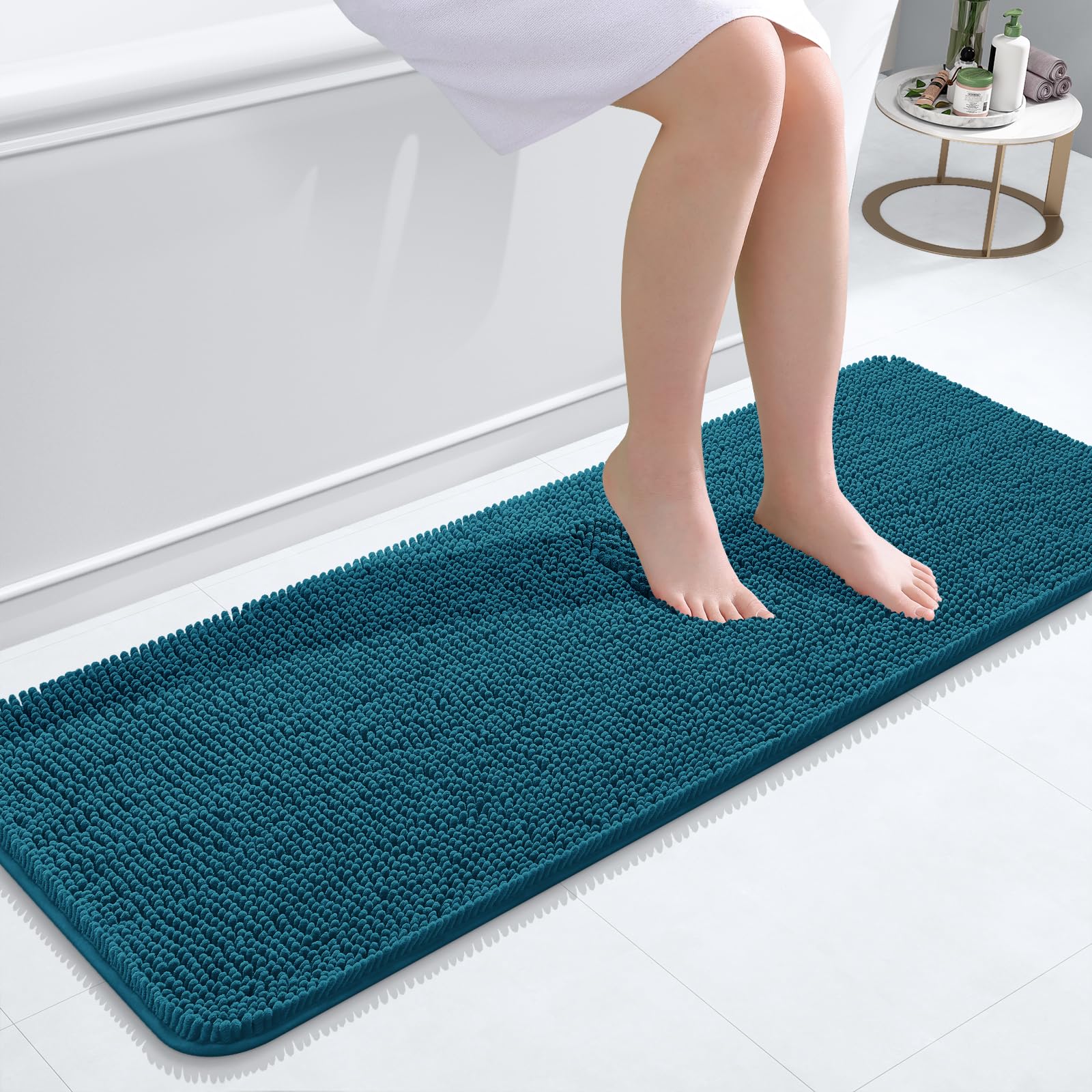 OLANLY Bathroom Runner Rugs 47x17, Soft Absorbent Chenille Bath Rugs, Rubber Backing Quick Dry, Machine Washable Long Bath Mats for Bathroom Floor, Tub and Shower, Home Decor Accessories, Peacock Blue