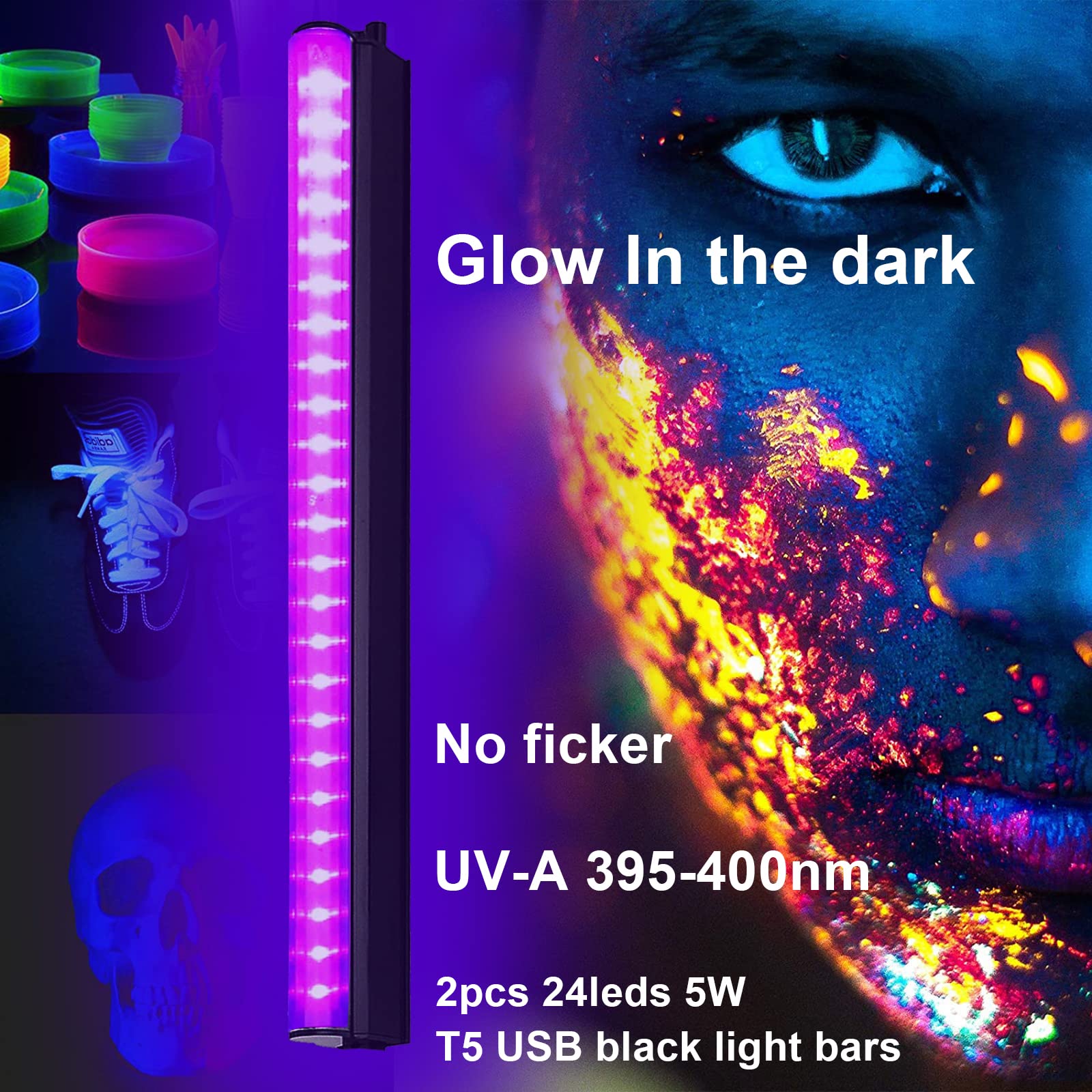 Eleganted Czarne światło, 2 sztuki, 5 W, USB UV, 395 nm, czarne światło, efekt świetlny, oświetlenie sceniczne z przełącznikiem, na Halloween, do klubu, na imprezę, dyskotekę