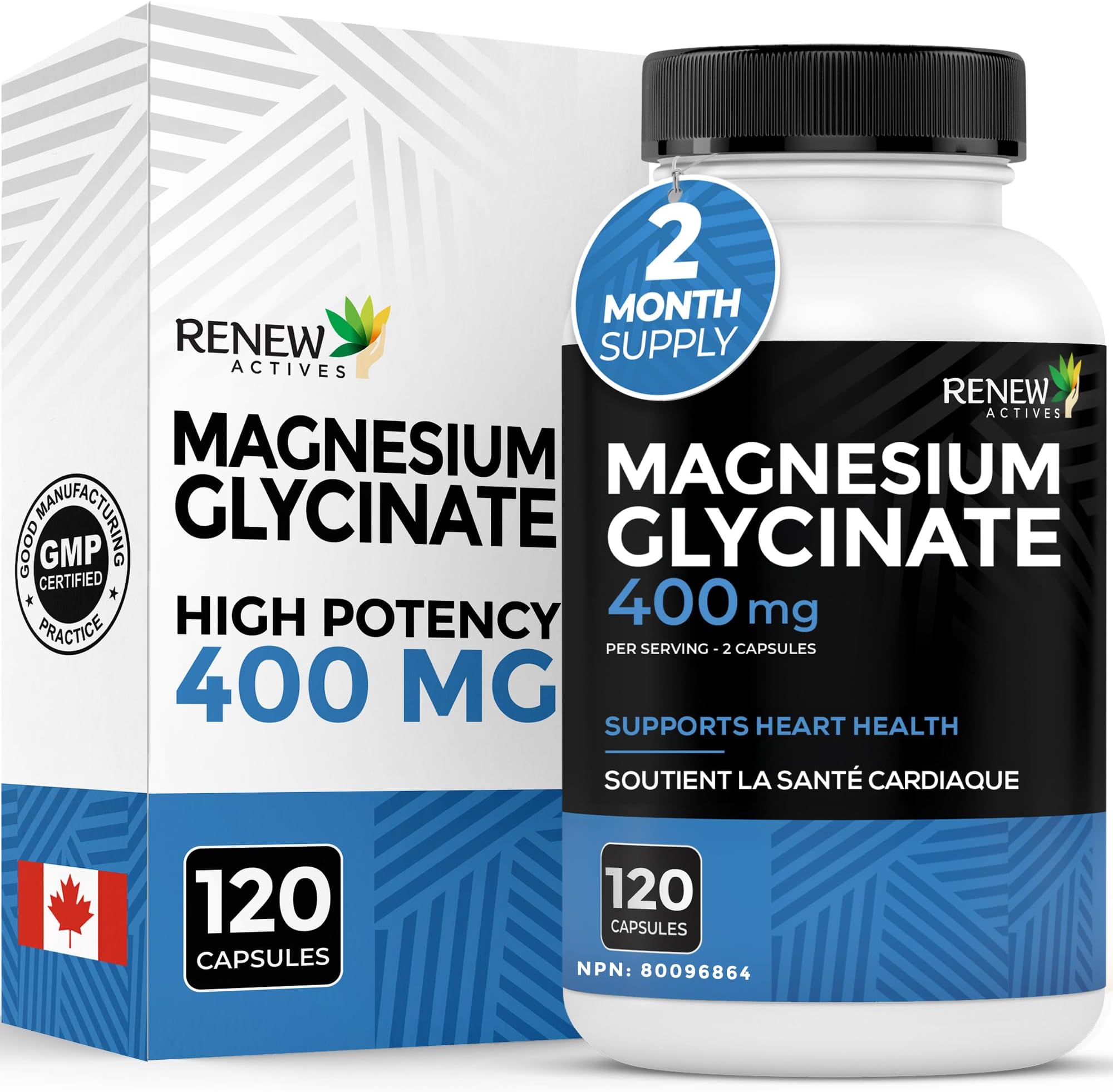 RENEW ACTIVES Magnesium Glycinate 400MG per 2 Capsules Pure Magnesium Bisglycinate for Full Body Relaxation, Sleep, Muscles, Bones & Energy - Electrolyte Balance - Made in Canada -120 Capsules