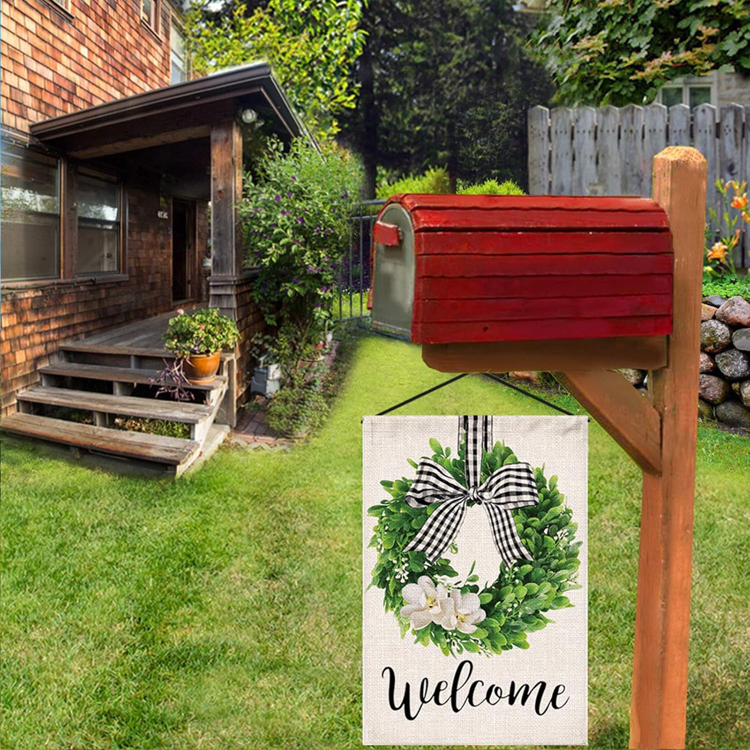 Hexagram Spring Welcome Garden Flag 12x18 Inch Outside, Mailbox Decor, Seasonal Outdoor Linen Double Sided Spring Summer Flags for Outside, Boxwood Wreath Buffalo Plaid Yard Farmhouse Flag Decoration - Image 6