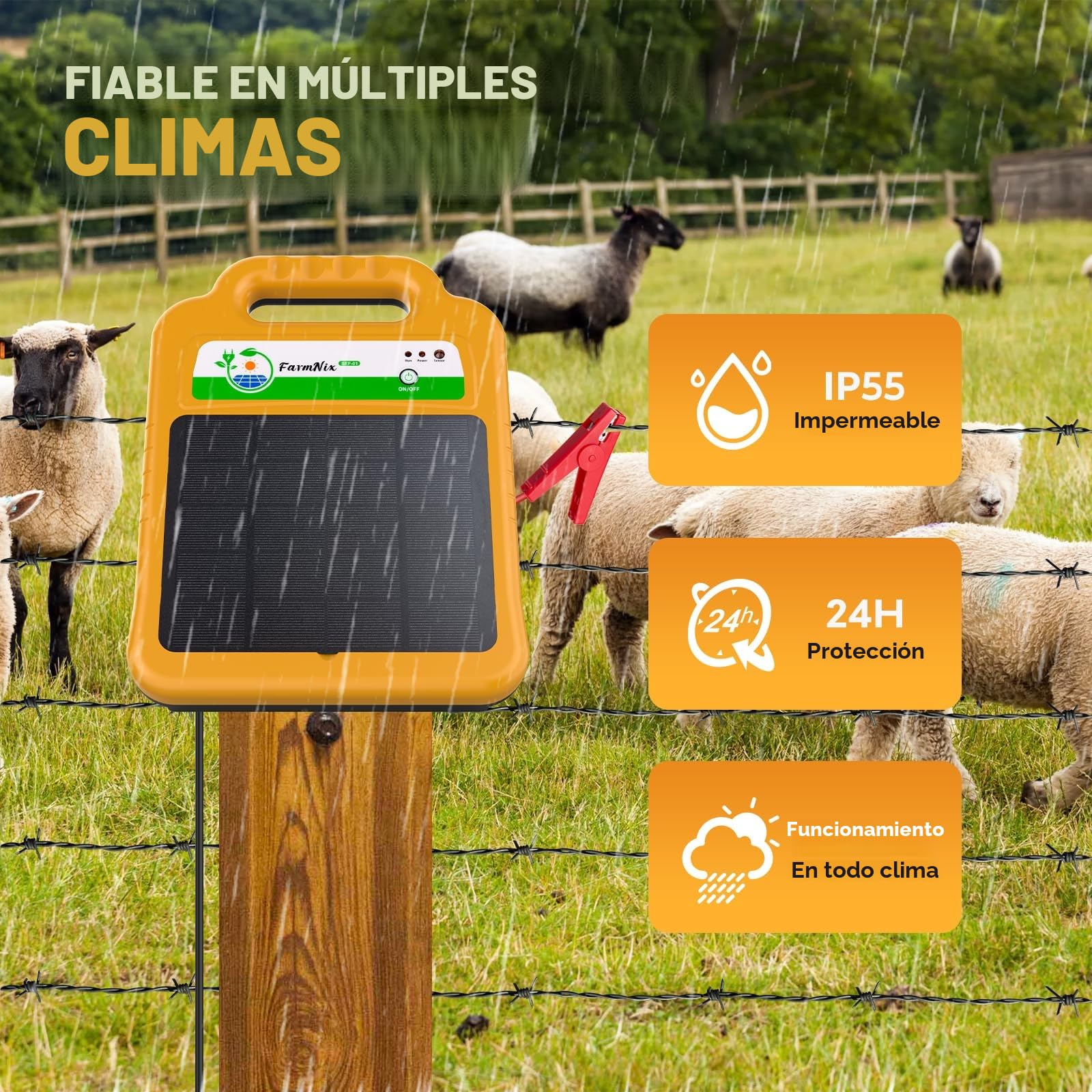 Solar Pastor Electrico, 16KM cerca eléctrica Controlador 0.2J / 8KV | con 4.3W panel solar y batería de litio de 10400mAh, para prevención de vida silvestre, granjas aves de corral