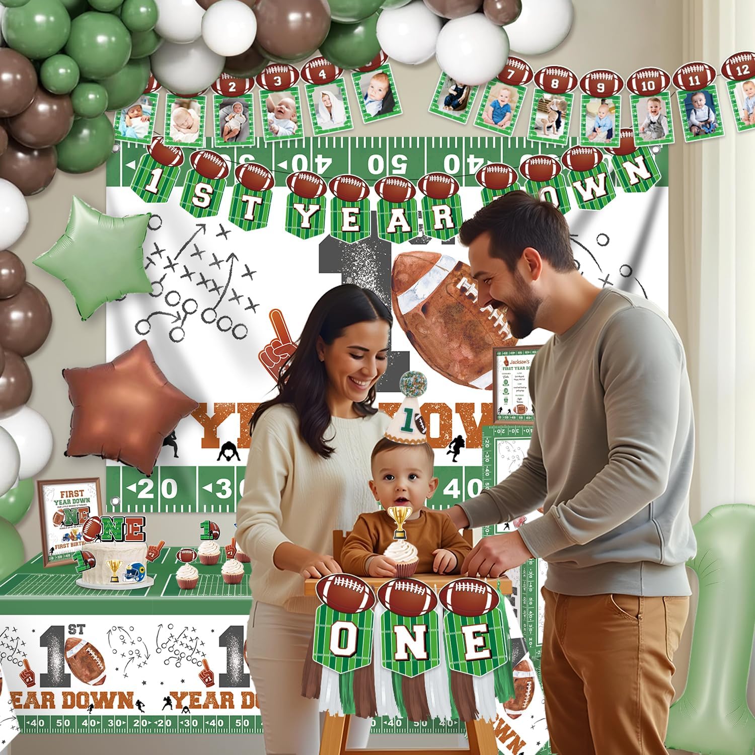 First Birthday Decorations – First Year Down Birthday Party Decorations Kit with 40" Balloon, Banner, Photo Garland, Backdrop & Football Decor