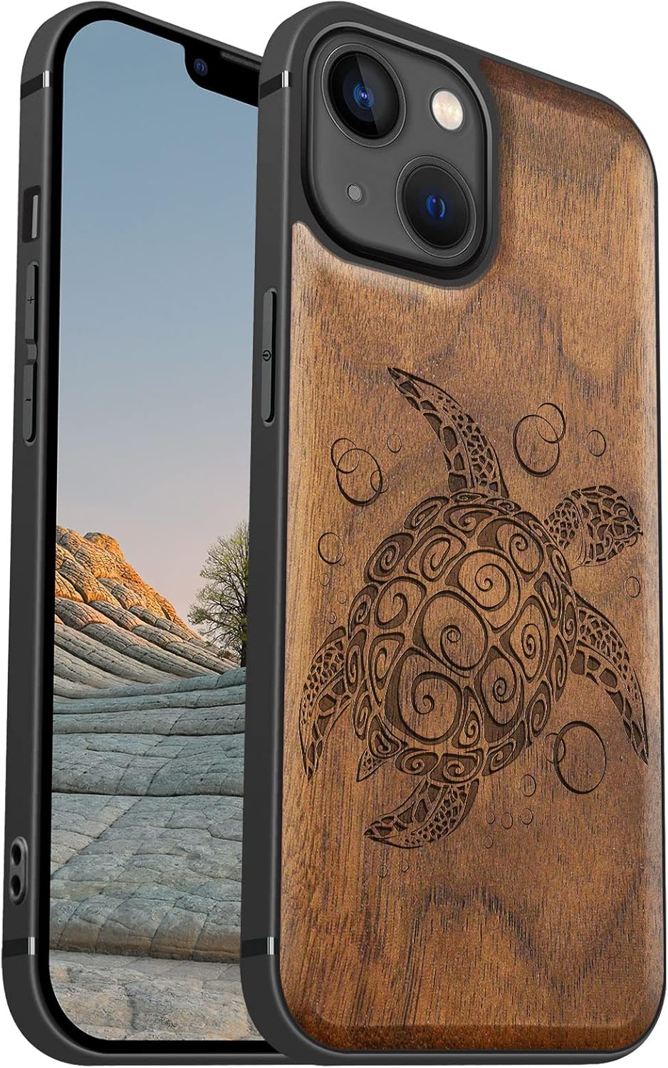 Carveit Magnetic Wood Case for iPhone 13 Case [Hard Real Wood & Black Soft TPU] Unique & Classy Wooden Shockproof Protective Cover Compatible with MagSafe (Sea Turtle Carving -Walnut)