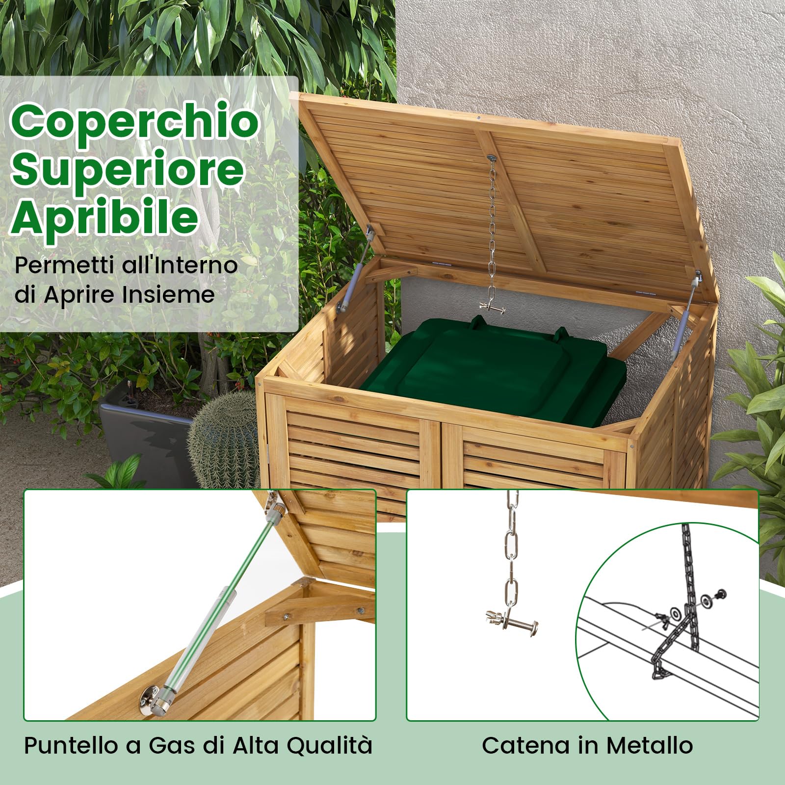 RELAX4LIFE Contenitore per Rifiuti da 120 L, Resistente alle Intemperiein Legno di Abete, con Coperchio a Ribalta e Catena Metallica, Porta Bloccabile