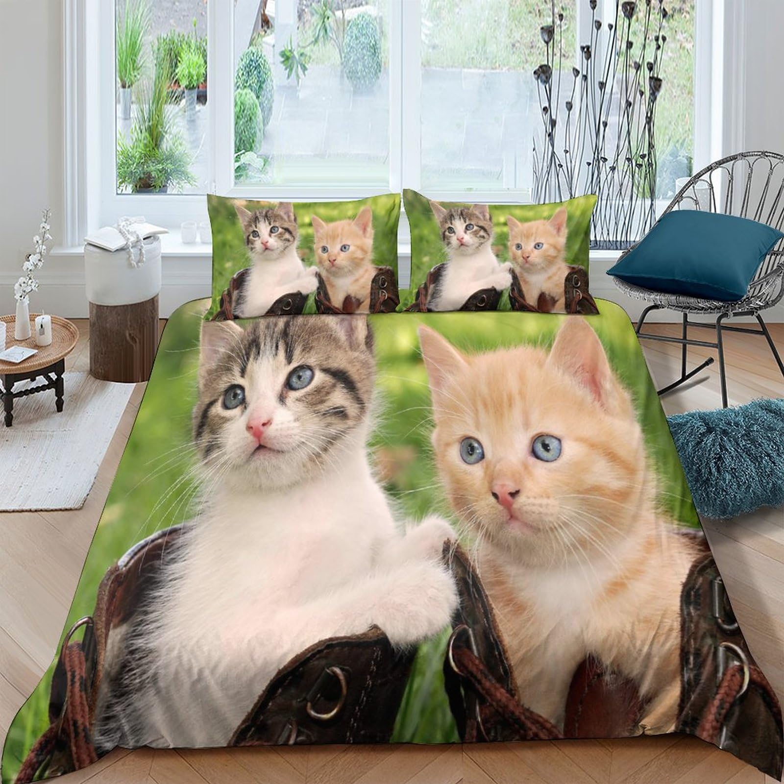 Parure de lit chat 3D 220x240 cm en microfibre pour lit double avec taie d'oreiller