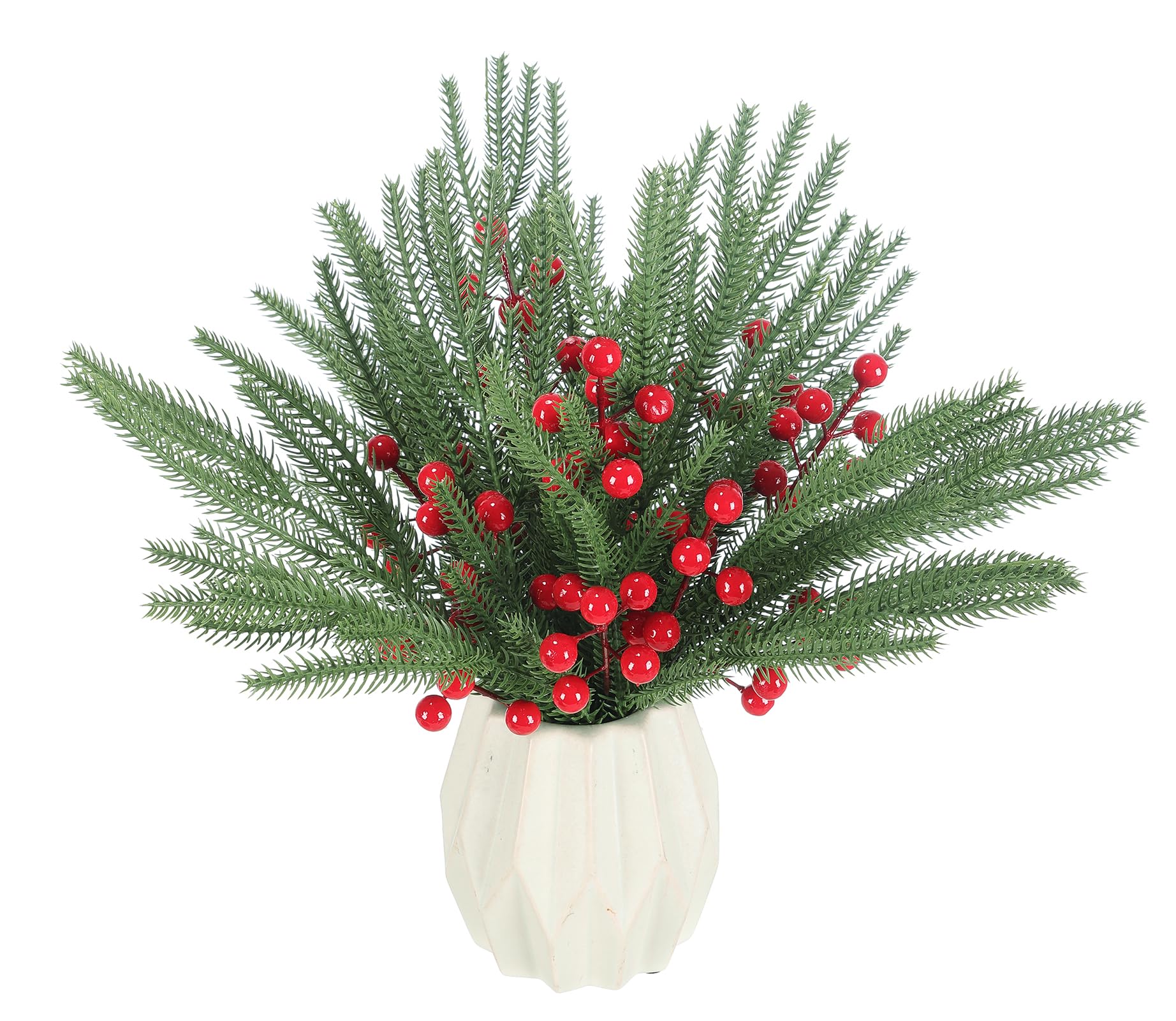Botius 50 Pcs Christmas Norfolk Pine Artificial Christmas Branches with Red Berry Stems Fake Greenery Plants Pine Sprigs Picks for Wreath Craft DIY