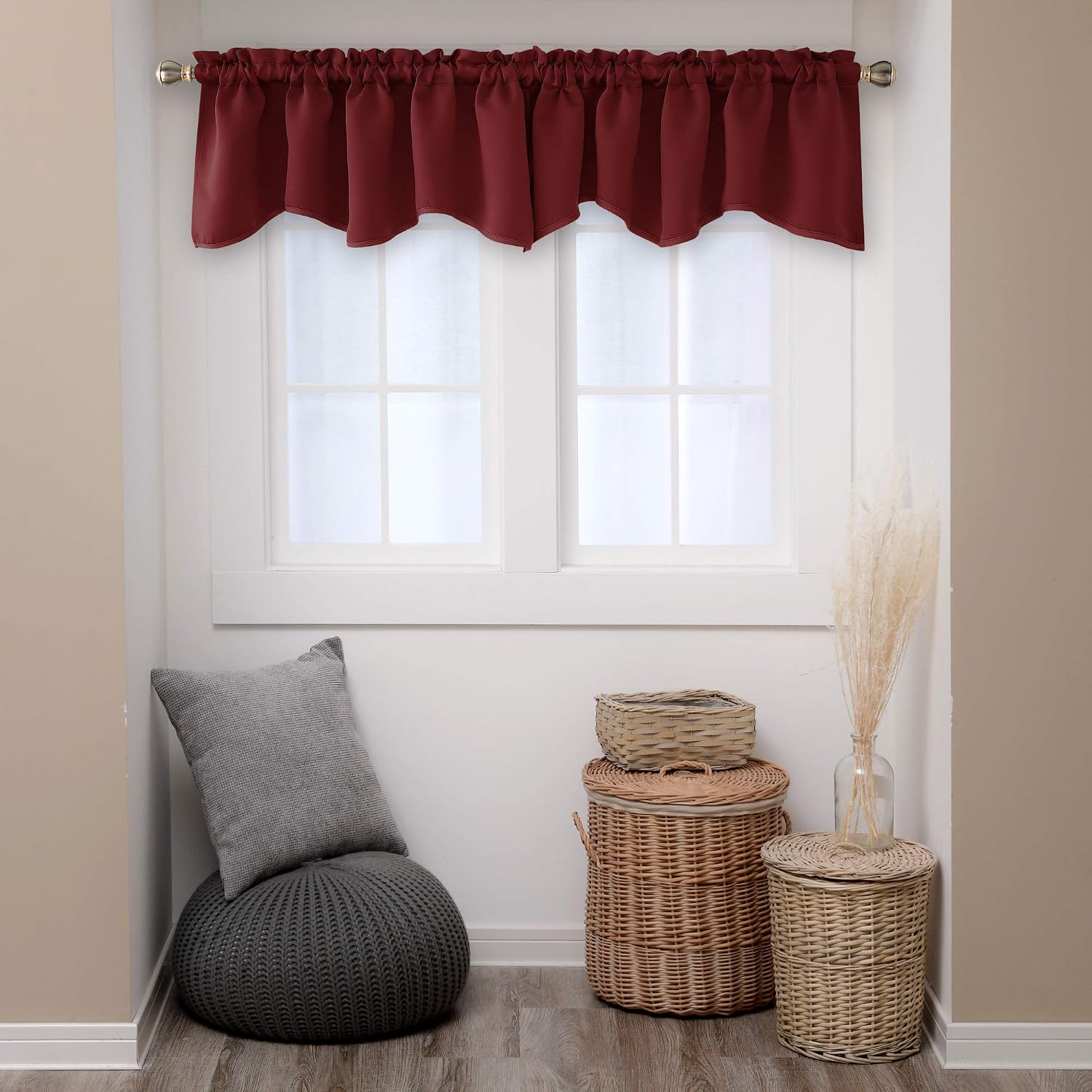 Deconovo Solid Rod Pocket Valances Blackout Tier Curtains Scalloped Valances for Kitchen 52x18 Inch Maroon Red 4 PCS