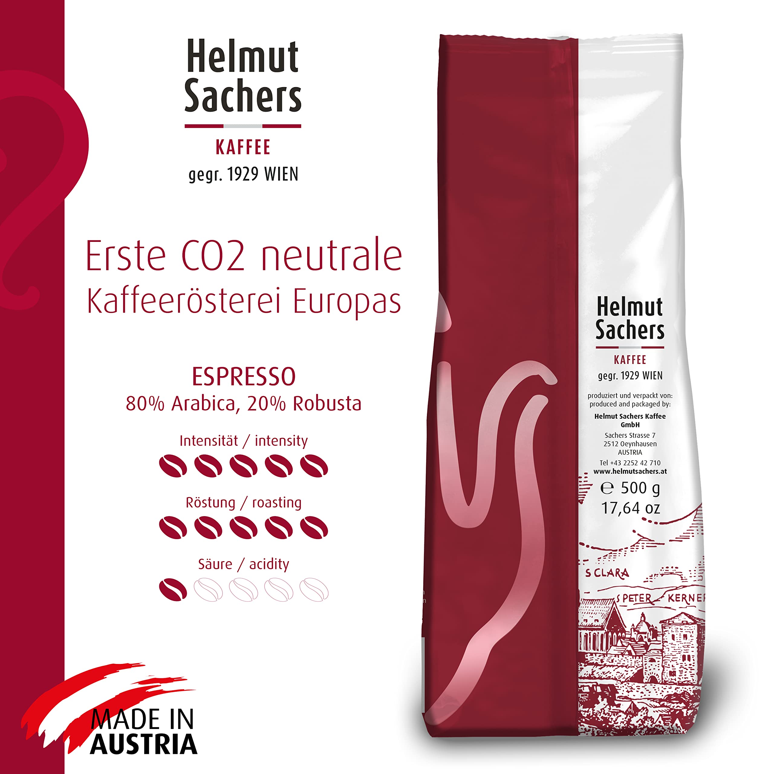 Helmut Sachers Kaffee - Espresso, Intensität 5/5, Arabica und Robusta, ganze Kaffeebohnen, 6 x 500g