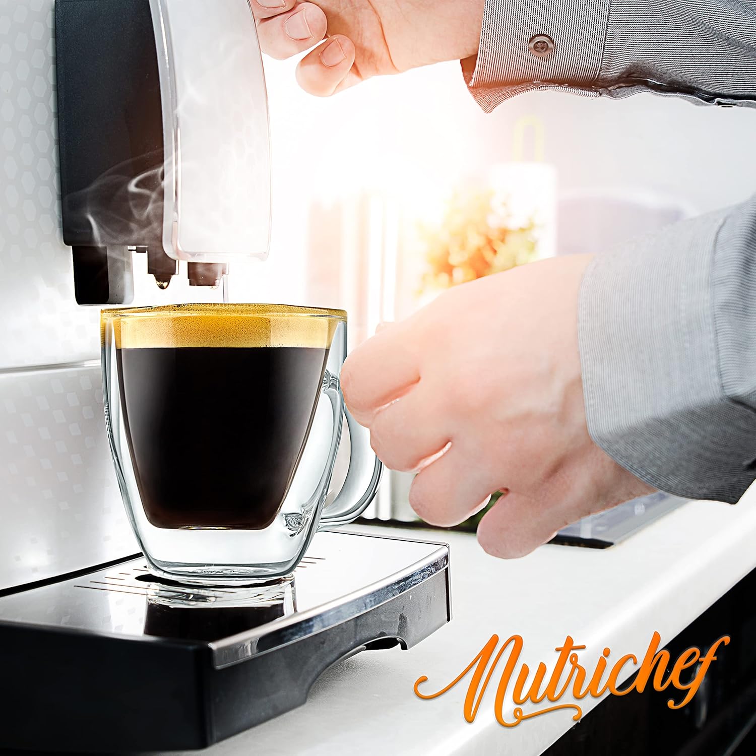 NutriChef Double Wall Insulated Cups - 4pcs 5.2 oz High Borosilicate Glass Sweat Free Mugs Clear Drinkware for Hot/Cold Drinks, Coffee, Espresso, Cappuccino, Latte, Tea, Microwavable, Dishwasher Safe - Image 6