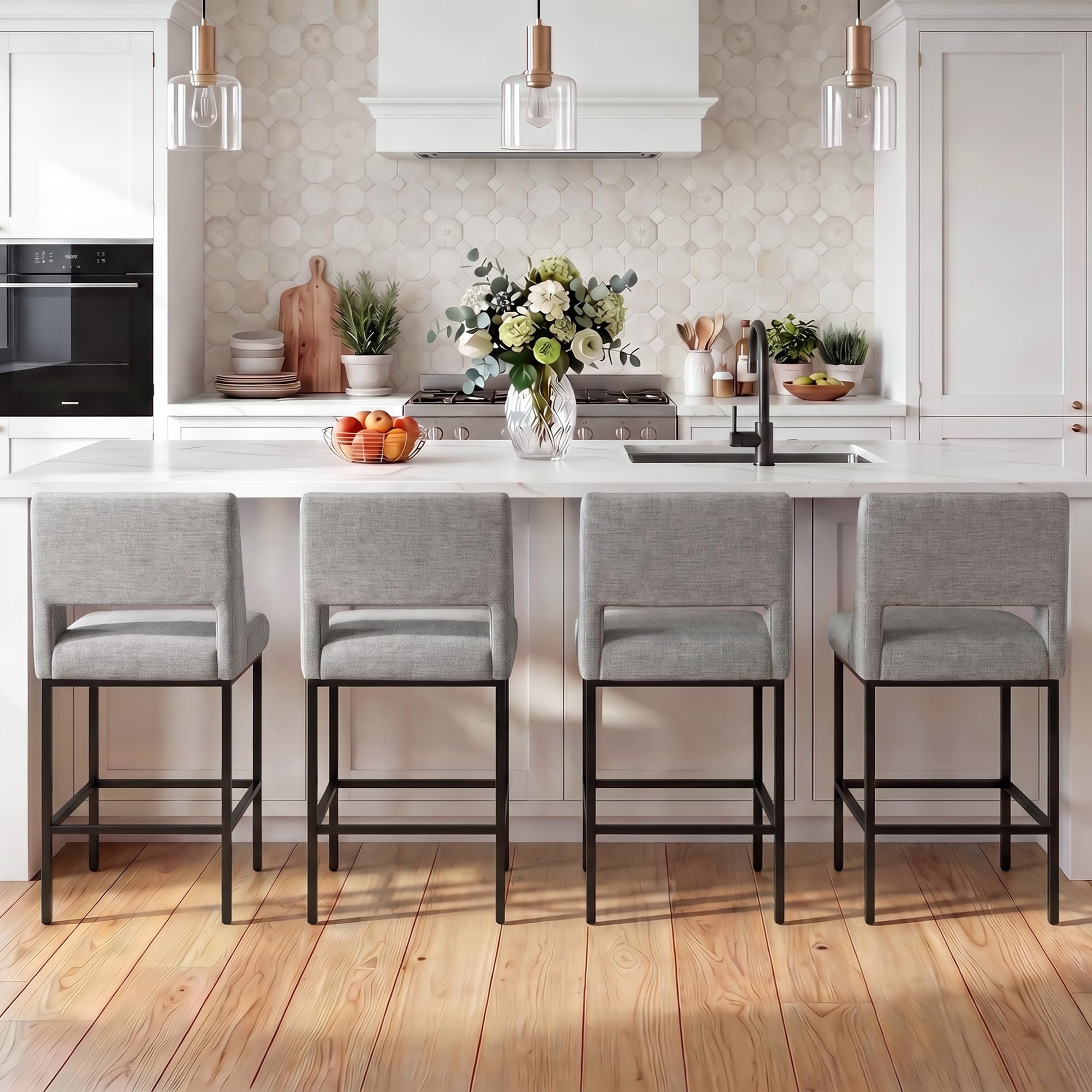 Zesthouse Upholstered Counter Height Stools Set of 4, 26" Oversized Bar Stools with Wide Back, Metal Barstools Heavy Duty 300 Lbs, Modern Counter Height Chairs for Kitchen Island, Gray Linen Fabric