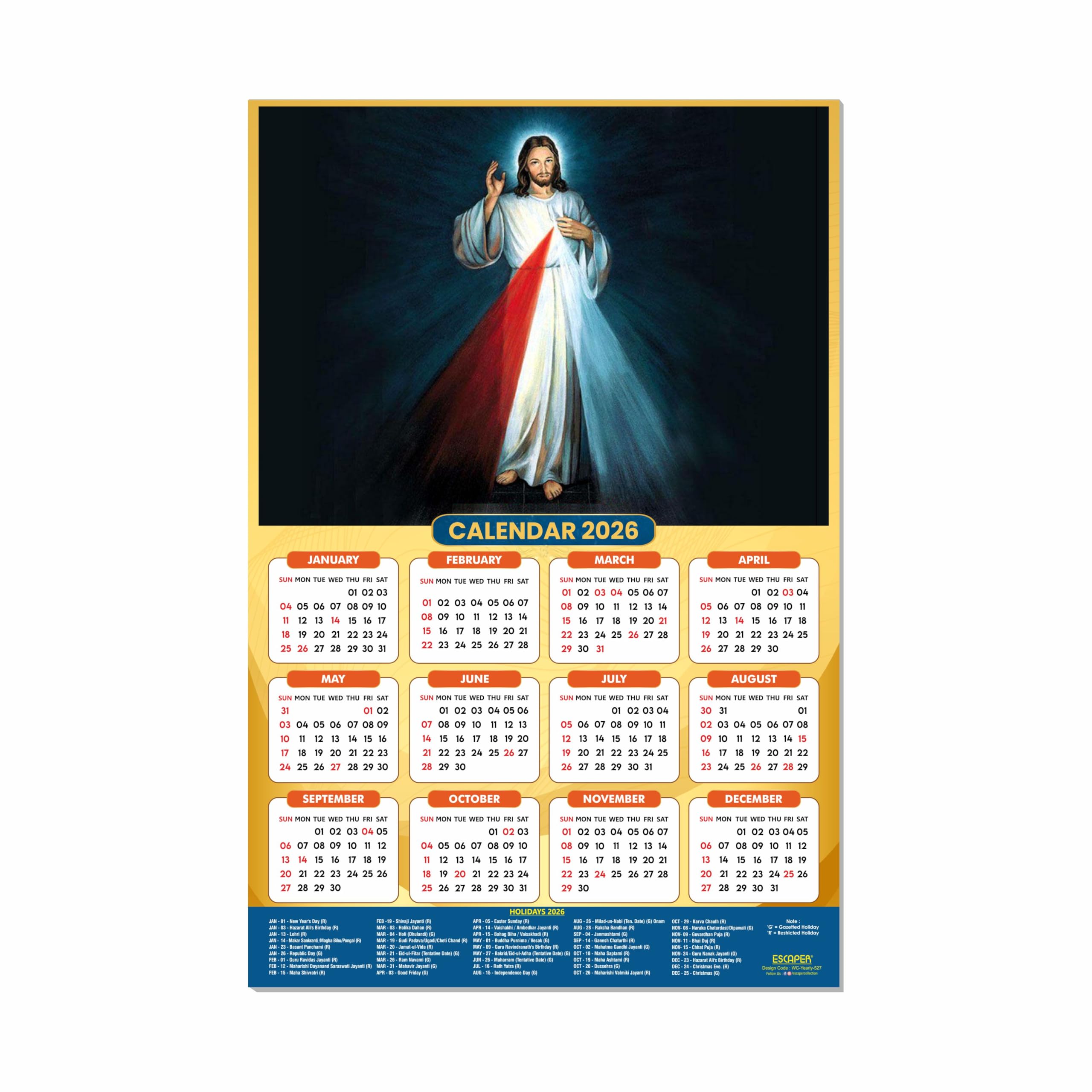 ESCAPER Calendario de pared de Jesús 2026, calendario cristiano laminado de 12 x 18 pulgadas, día festivo indio, decoración religiosa de Isa Masih para el hogar y la oficina