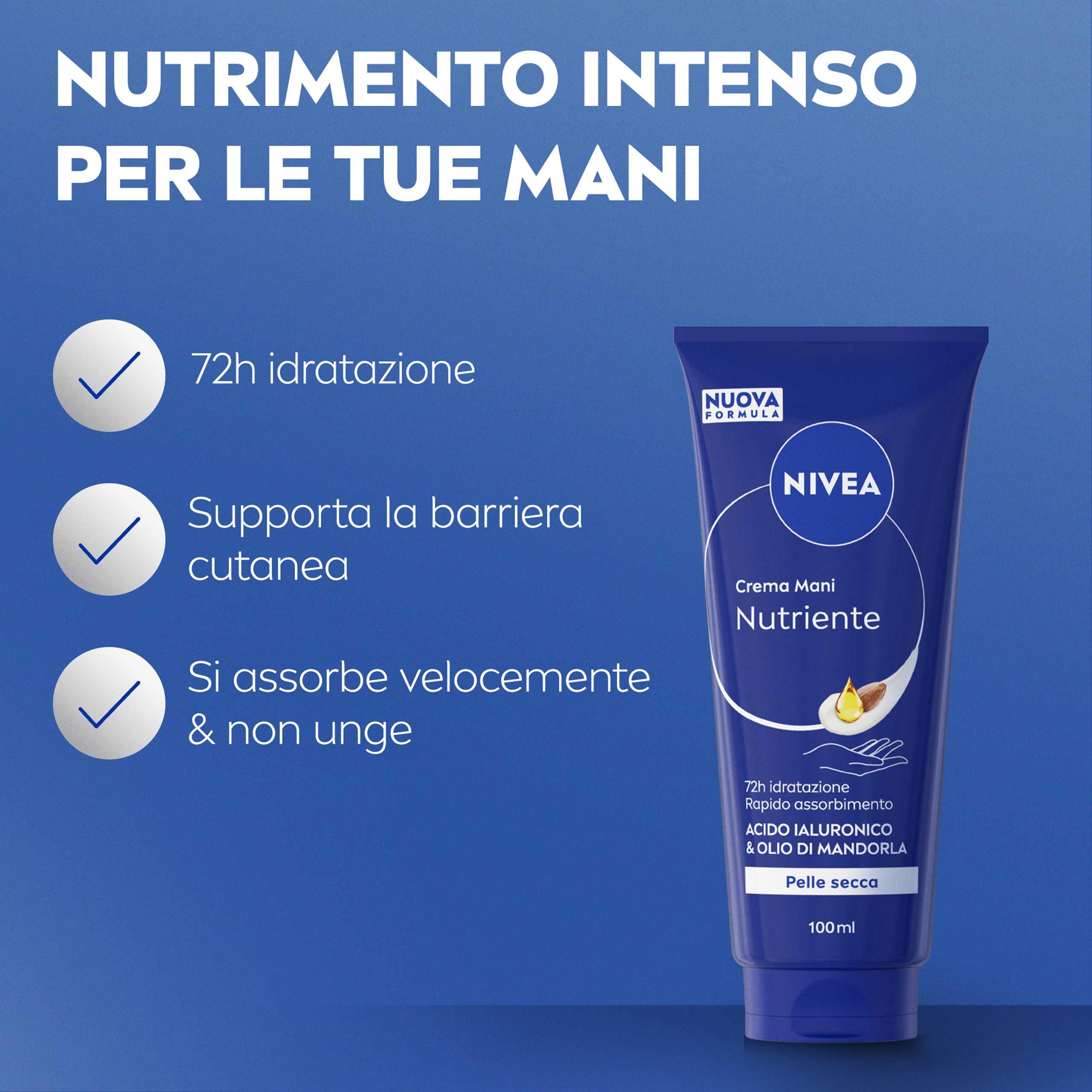 NIVEA Crema Mani Nutriente 100 ml, Crema mani riparatrice e idratante 72h, Hand cream profumata con Acido Ialuronico e Olio di Mandorla, Assorbimento rapido, Pelle secca e screpolata - 3