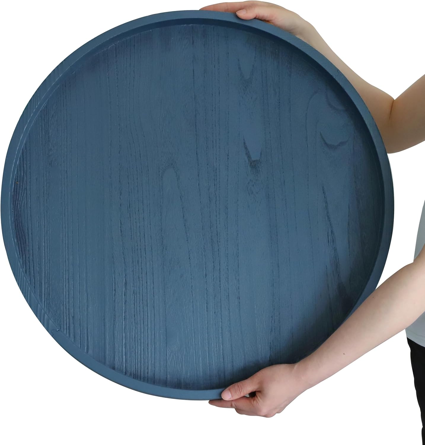round ottoman table tray 24" - rustic wooden serving tray for farmhouse decorative oversized coffee table trays living room kitchen counter breakfast blue blue 24"