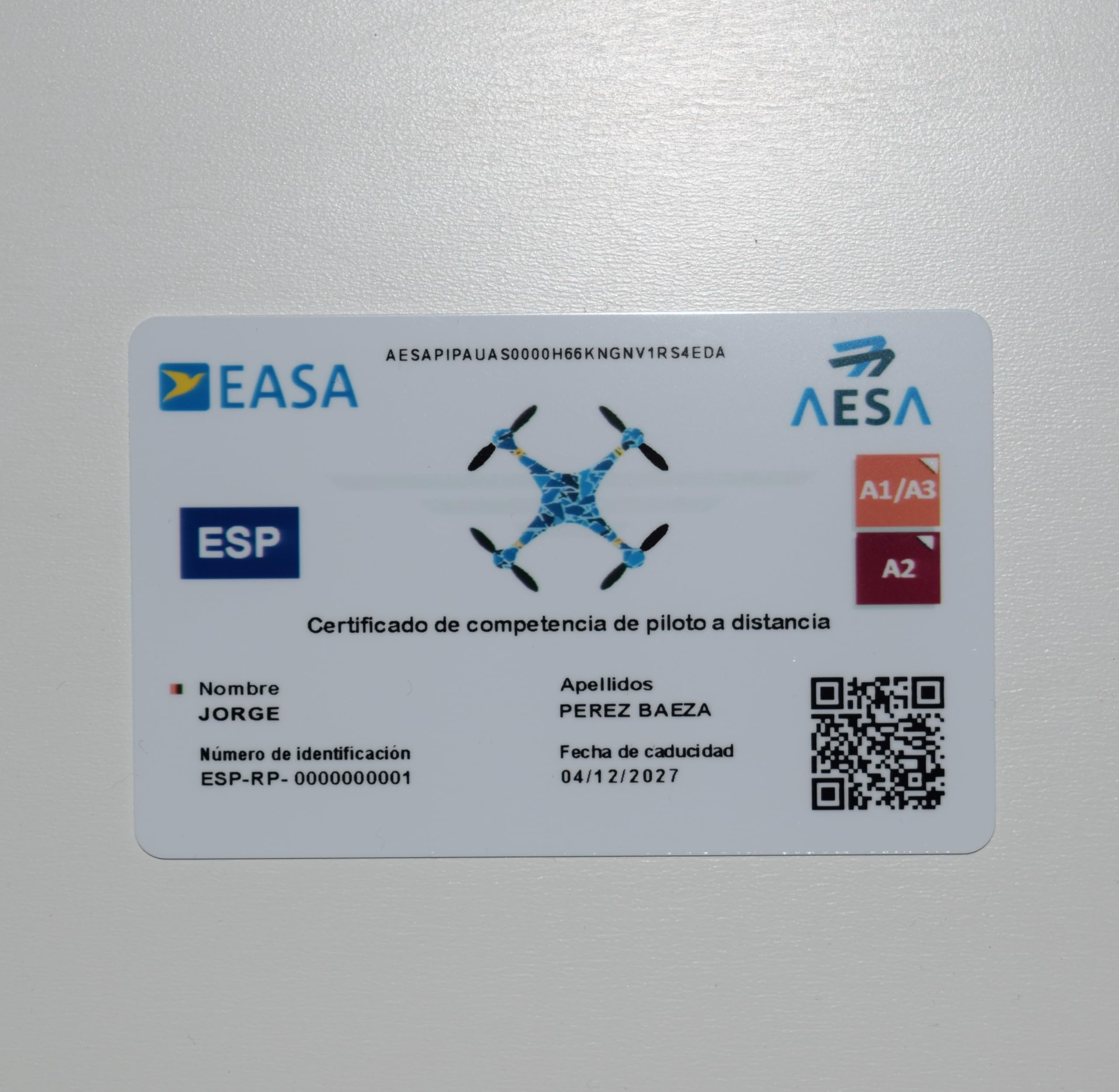 ● TARJETA DE PVC EASA ● Impresión Una cara ● Impresión Doble cara ● Número de Operador + Certificado de Piloto de drones | A1/A3 | A2 | STS (1 Tarjeta | Impresión a Doble Cara)