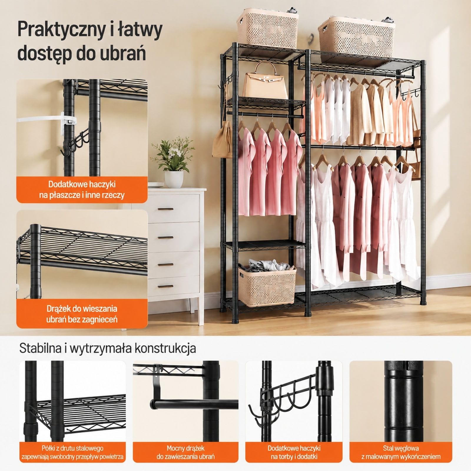 Regulowany wieszak na ubrania ze stali węglowej, 3 drążki, 6 półek i 8 haczyków, otwarta szafa do sypialni, sklepu i korytarza