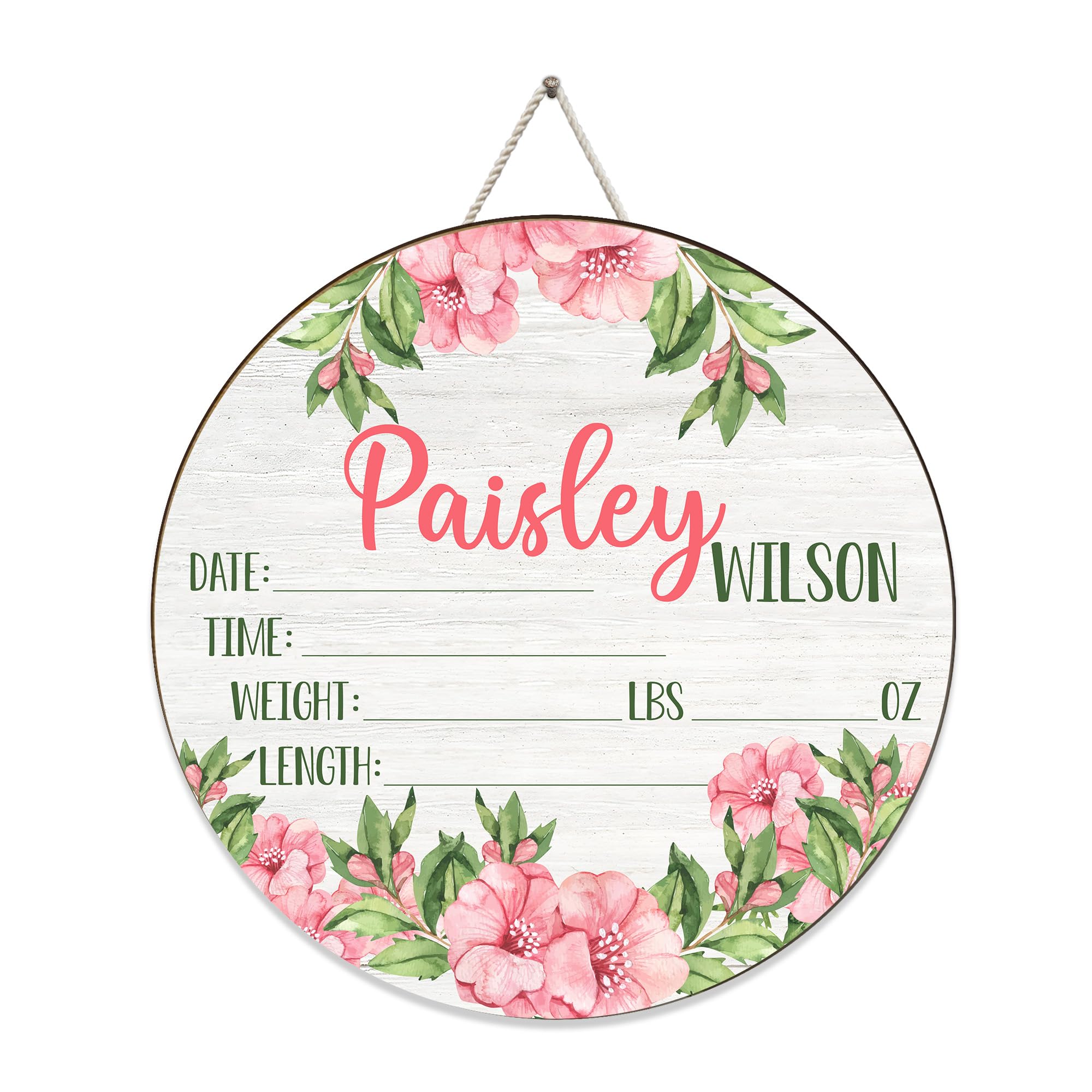 Mondily Personalized Baby Name Signs, Baby Birth Announcement Sign for Hospital, Floral Baby Name Signs for Nursery Decor, Wood Birth Stat Sign for Daughter Photography Prop Baby Shower Gifts 01