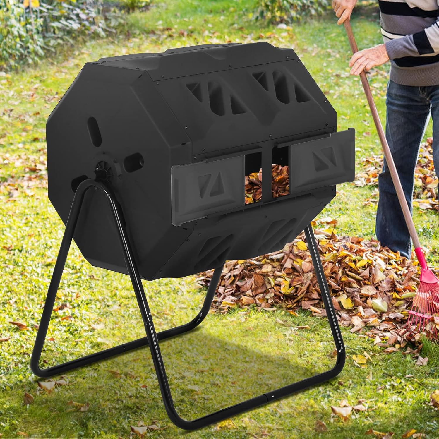 43 Gallon Outdoor Compost Bin Large Tumbling Composter Garden Dual Composting Bins with Dual Chamber Sliding Doors & Aeration System for Garden Patio, All Season Composter, Orange Door