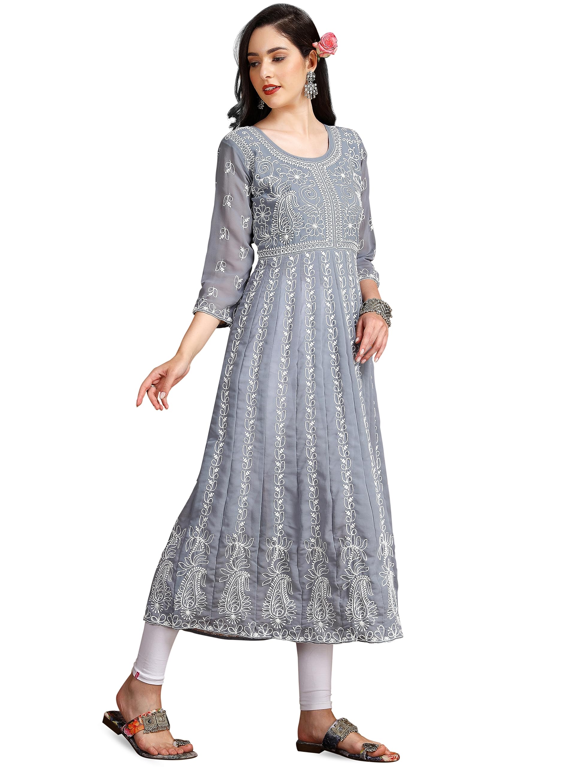 EthnicJunction Womens Georgette Lucknowi Chikankari Embroidered Anarkali Kurta (Grey) (B0CLLNM6BT) Amazon Price History, Amazon Price Tracker