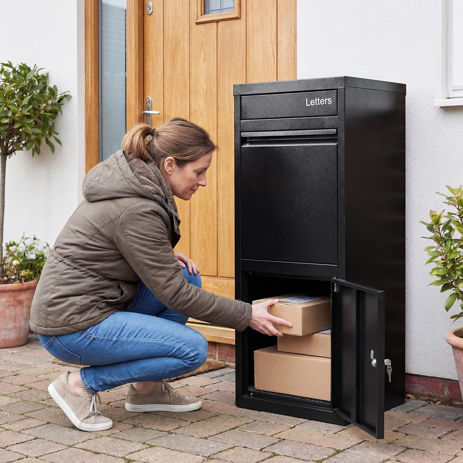 COSTWAY Paketbox, Paketbriefkasten mit Paketfach, Brief- und Paketabgabeschlitz, Postbox aus Metall für draußen, Paketkasten Standbriefkasten für Post, Zeitschriften, Pakete