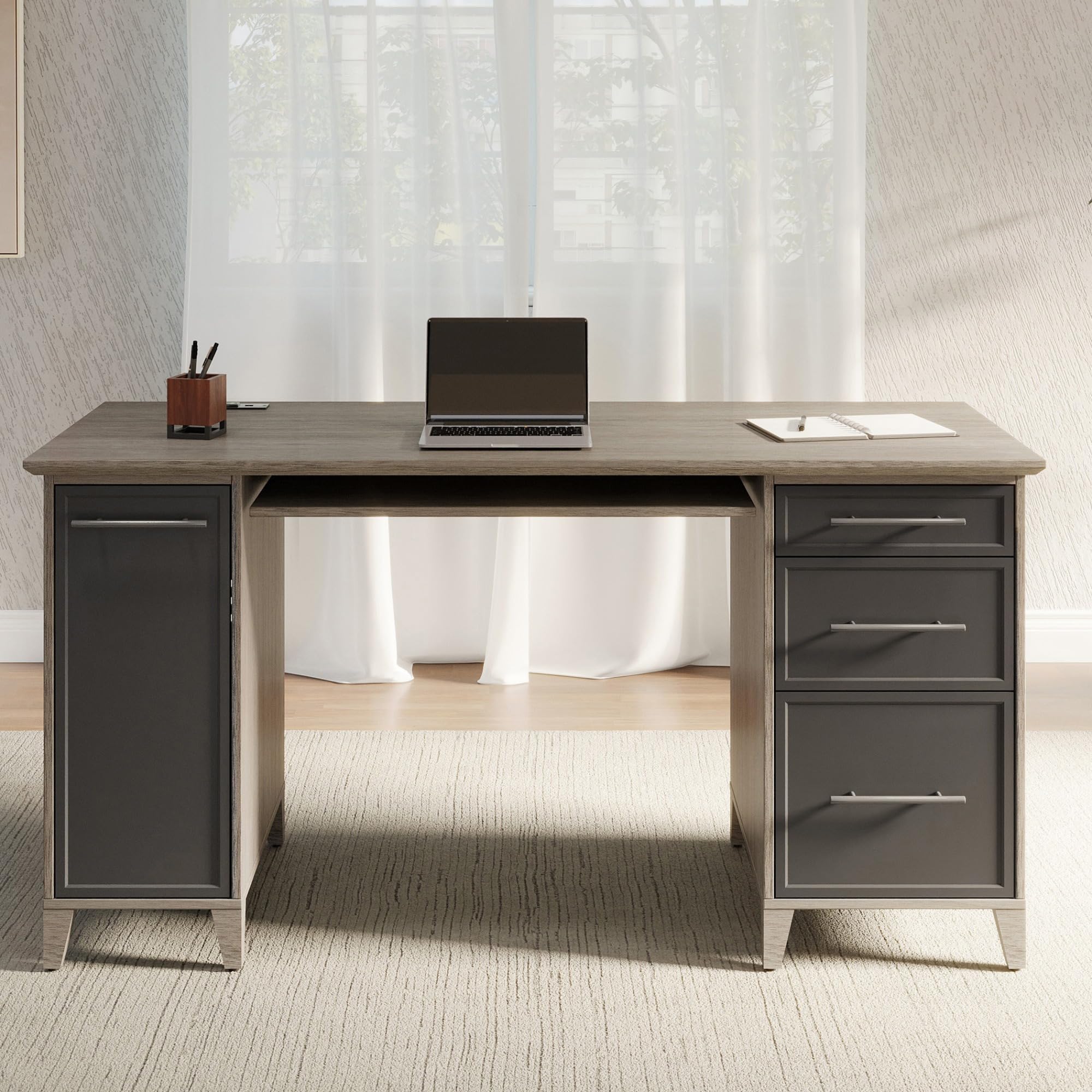 Realspace(r) Koru 60"W Straight Computer Desk With Integrated Power & Charging, Two-Tone Slate/Gray Oak