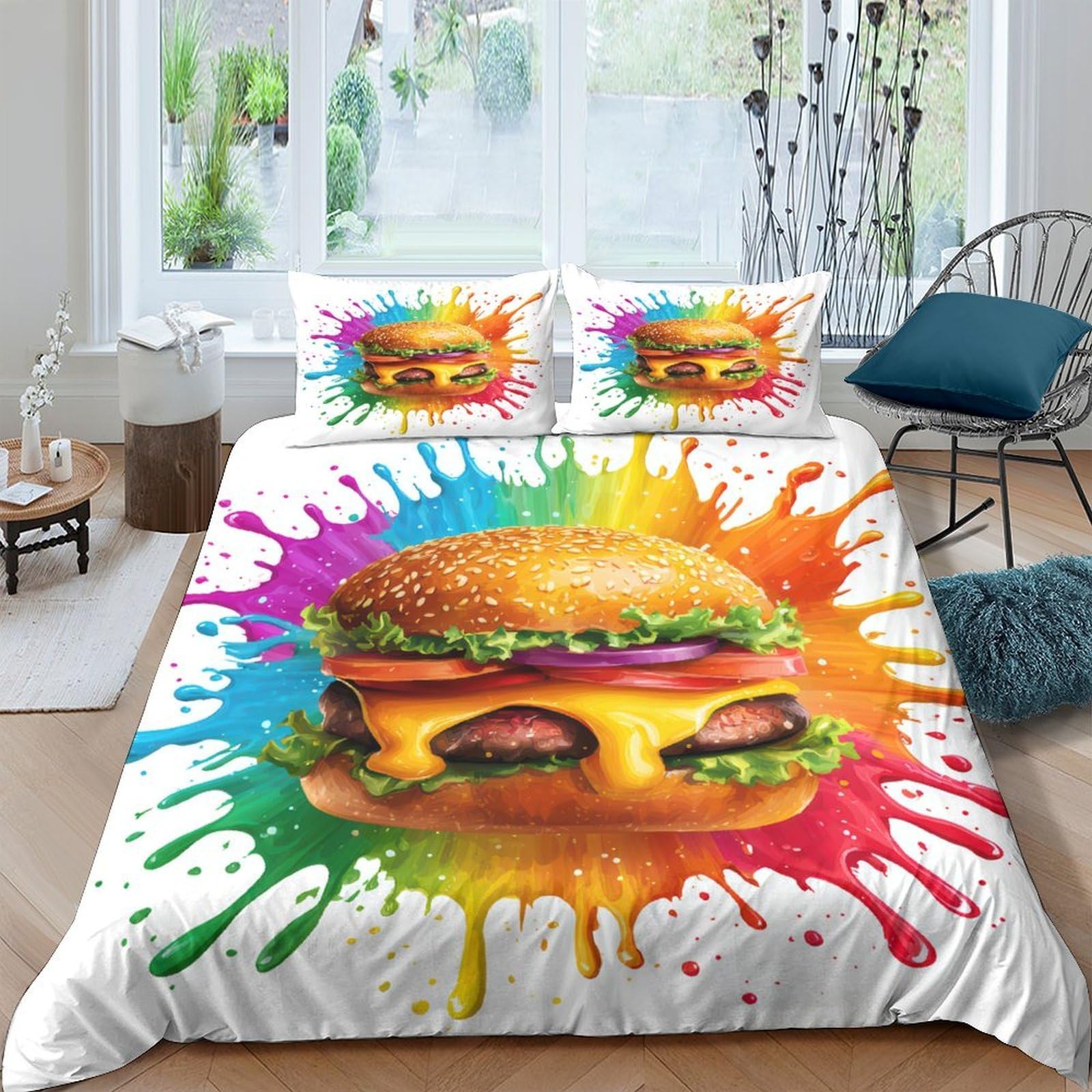 Ctjqhvkz Style-3 3D Printed Colorful Burger Fitted Sheet Microfiber Vibrant Splash Bed Cover Youth Bedroom Dorm Mattress Decor Single（135X200cm）