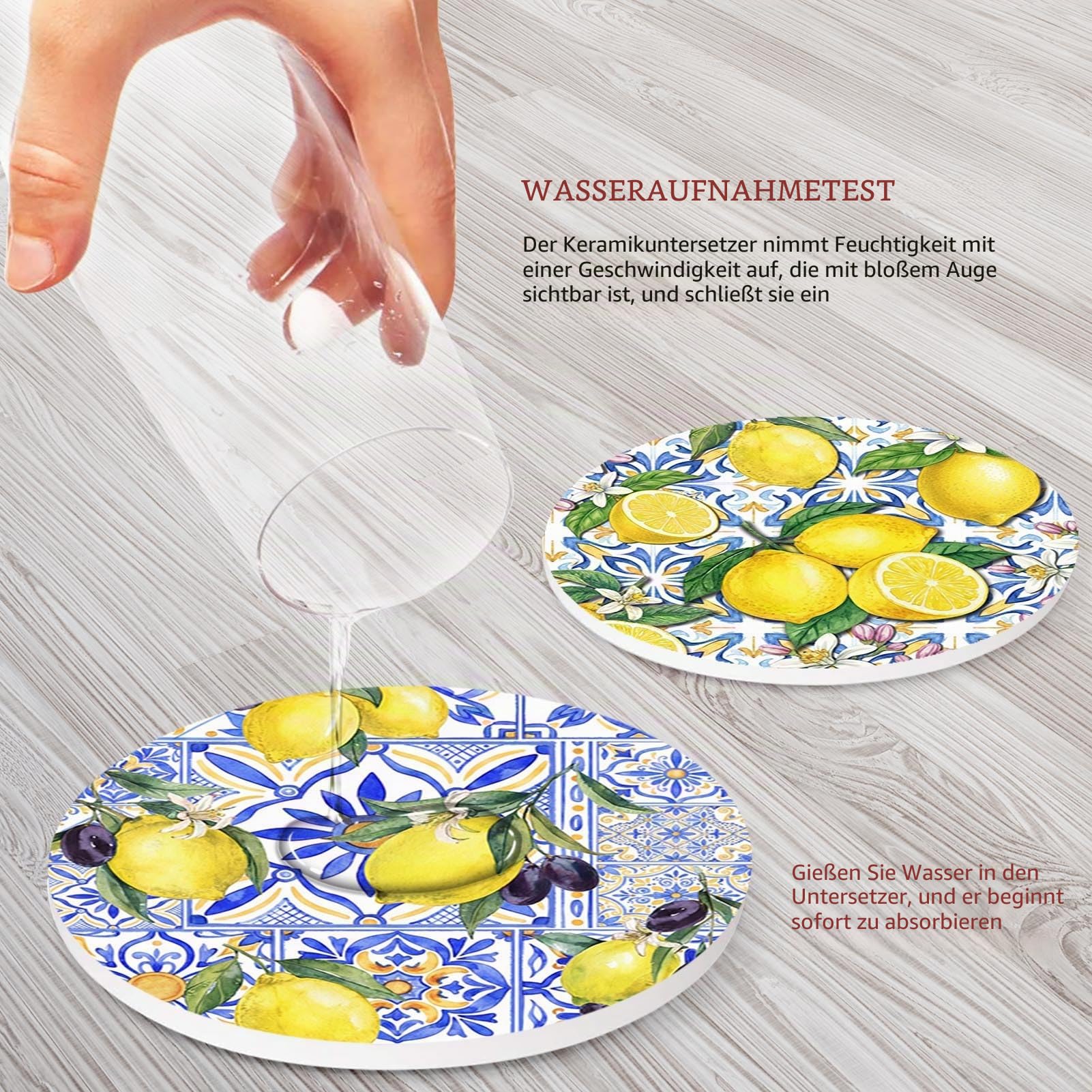 Untersetzer für Getränke, 6 Stück, gelbe Zitrone, Obst, Blau, Keramik-Muster, saugfähig, rund, Keramik-Steinmatte, mit Korkboden und Metallhalter, Geschenk für Einweihungszimmer, Bar, Dekor
