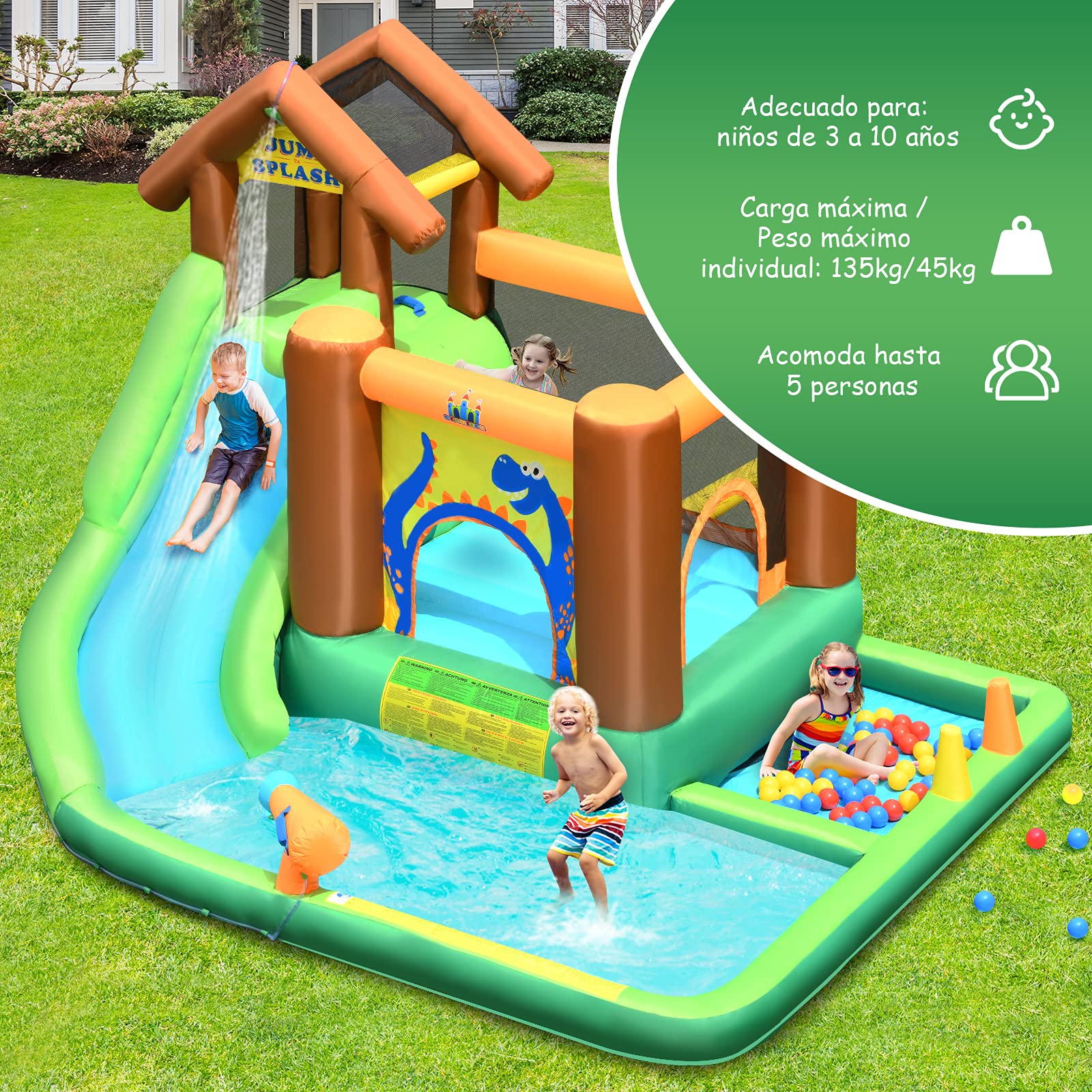COSTWAY Parque Acuático Inflable con Tobogán, Tobogán Inflable en Tejido Oxford con Piscina Pared para Escalar Hidrante de Agua Casita Piscina con Pelotas, con Compresor