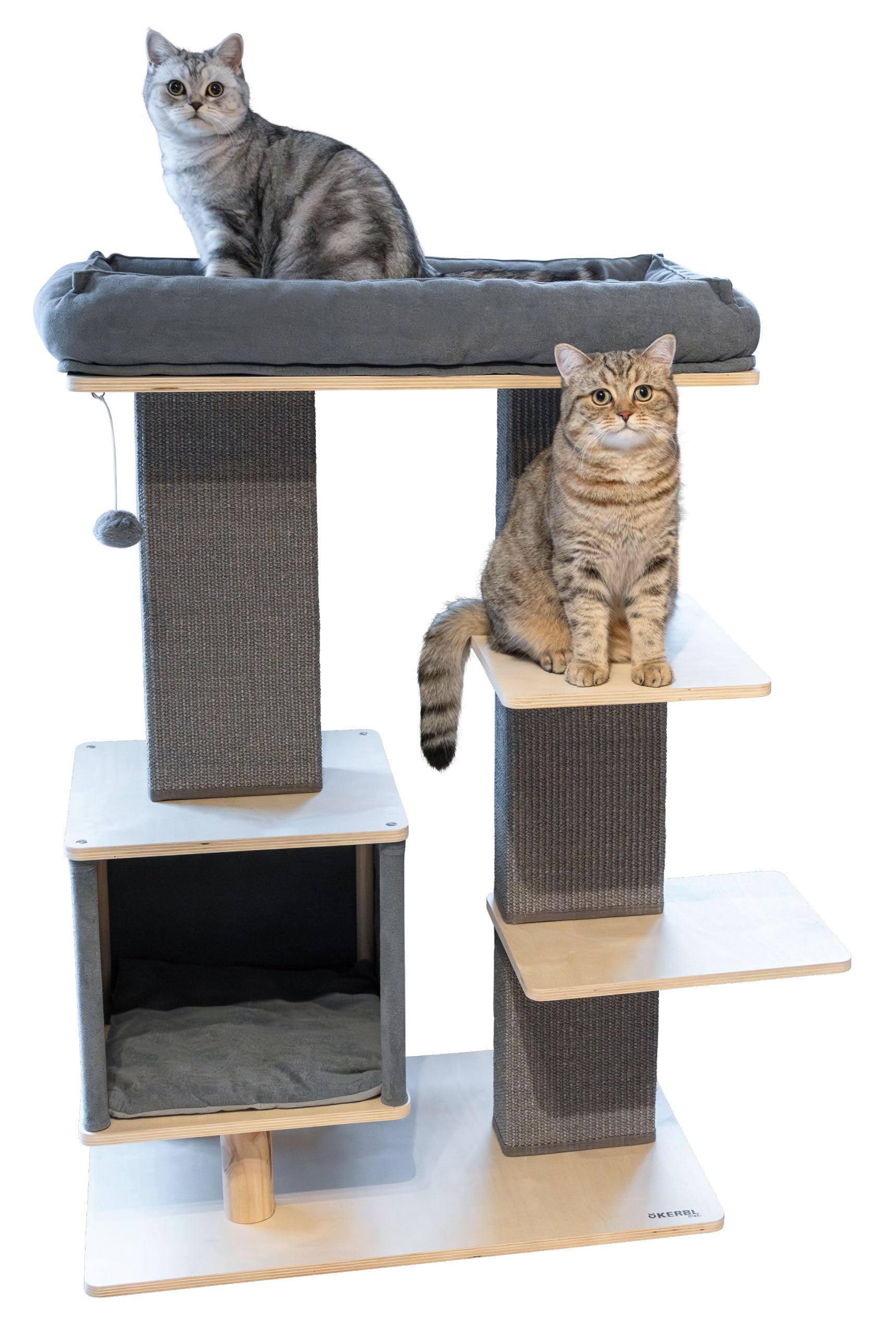 Kerbl Pet Tiragraffi Noah IV, mobili per gatti, grigio/naturale, 75 x 50 x 114 cm, compensato di betulla, per gatti grandi/pesanti, con colonna in sisal, diverse superfici di appoggio, lavabile