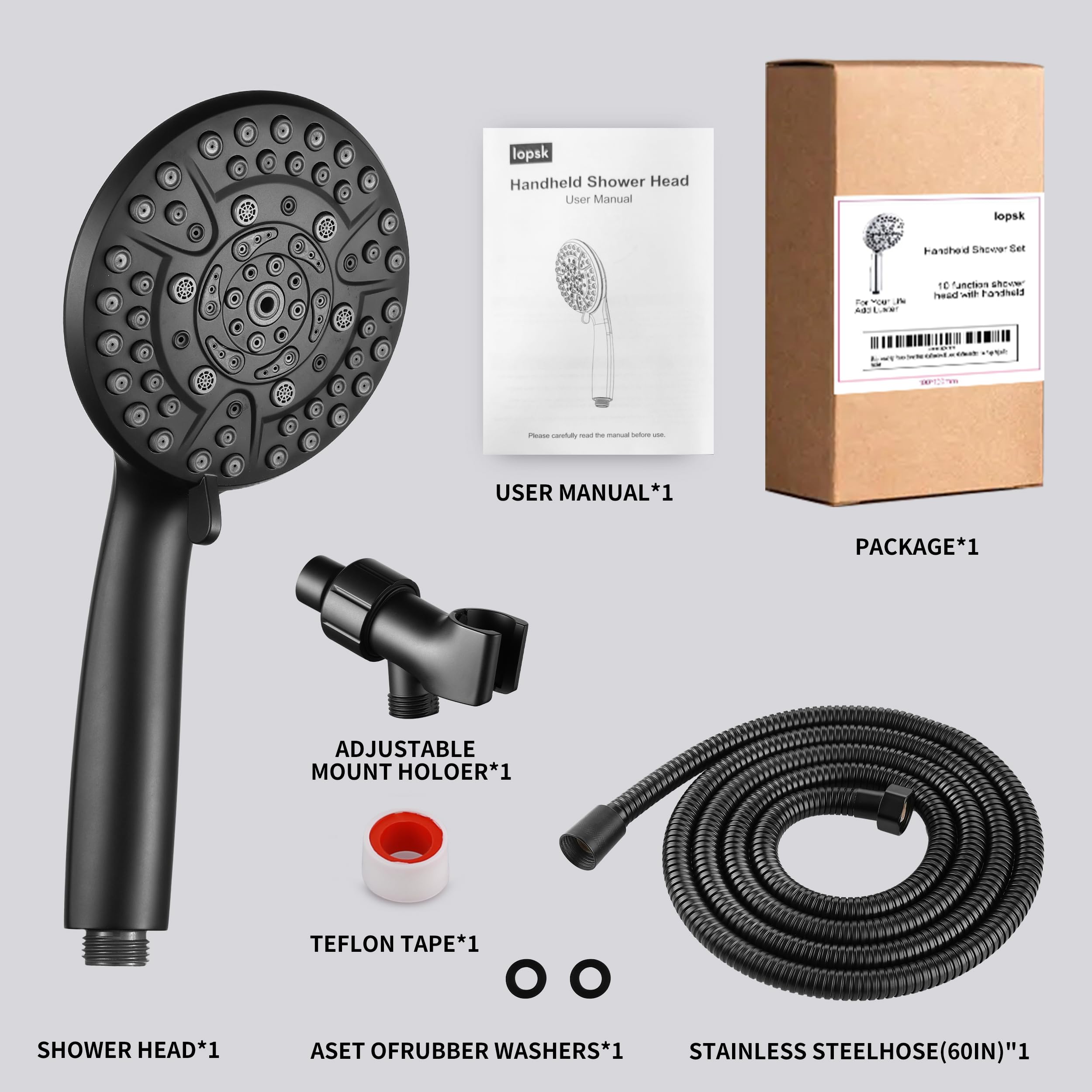 Iopsk 10 cabezales de ducha de mano de alta presión con combo de pulverización de mano, cabezal de ducha de mano con manguera de 60 pulgadas de largo (negro mate)