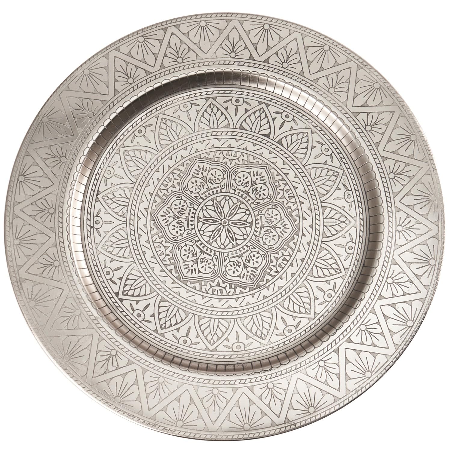 Marrakesch Orientalische Boho Deko Tablett Serviertablett aus Metall 35 cm | Kerzentablett Manar in Silber als Tischdeko für Küche & Wohnzimmer | Vintage (Silber)