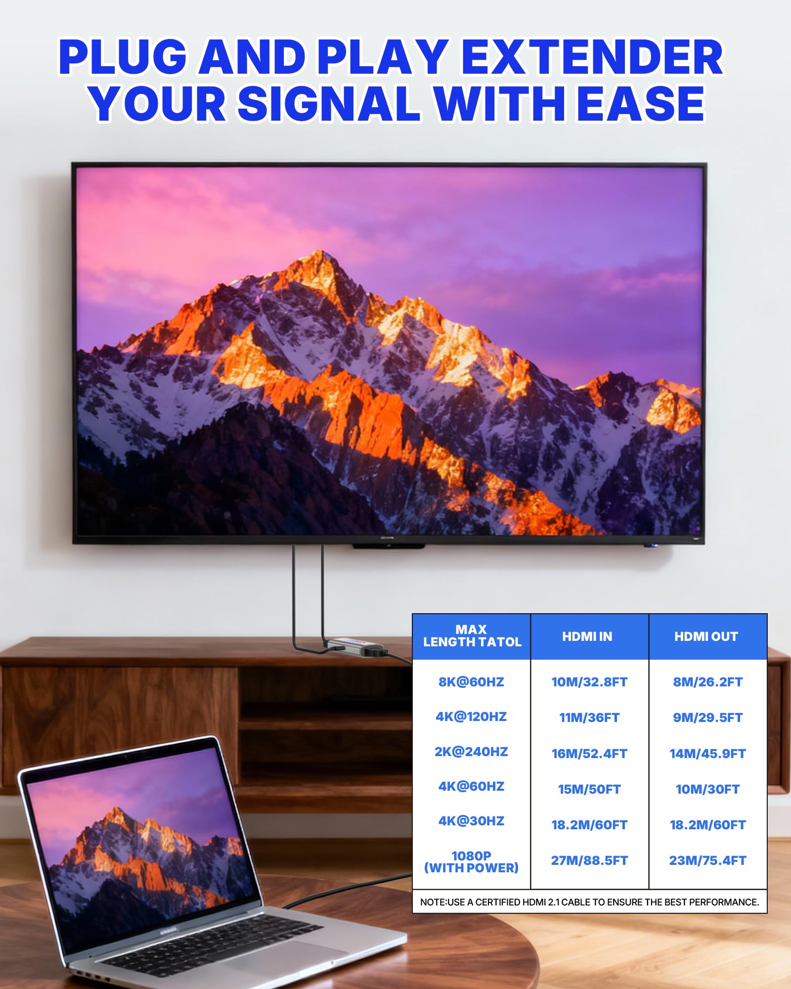 8K aktive HDMI-Booster-Repeater, Signalverstärker HDMI 2.1 Extender unterstützt 8K@60Hz/4K@240Hz, verlängert HDMI 1080P auf bis zu 50 m für PS5, Xbox, Projektor, HDCP 2.3 mit USB-C-Stromanschluss - 5