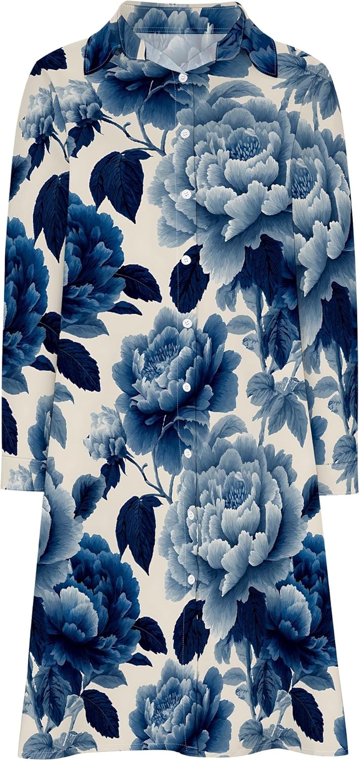 Shirt Dresses for Women 2025 Summer Long Sleeve Casual Plus Size Floral Printed Beach Vacation Dress with Pockets - Image 5