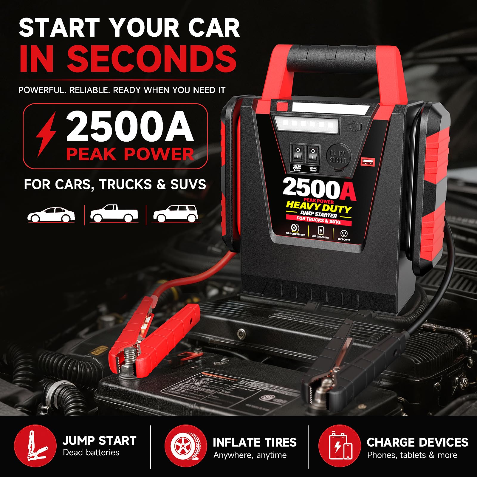 Booster de Batterie Voiture Puissant 2500A avec Gonfleur 150 PSI, Démarreur 12V pour Moteurs Essence/Diesel jusqu'à 8.0L, Batterie Externe 20000mAh, Lampe LED 500LM pour Camion, Moto, SUV
