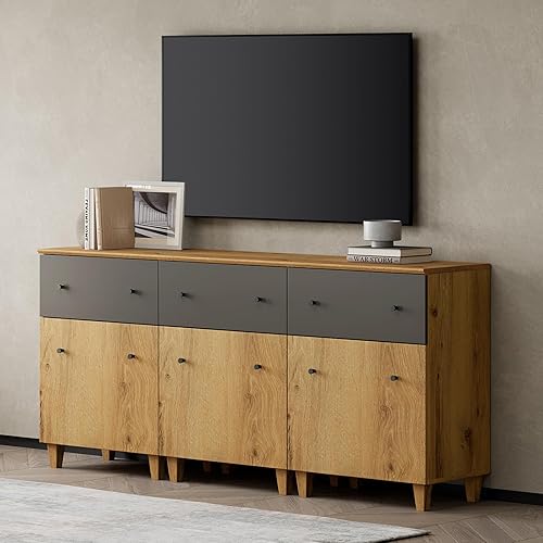 Miniatura 10 de WAMPAT Armarios de soporte de TV para pantalla plana de 55 pulgadas, centro de entretenimiento de madera Highboy 2 en 1 con 2 cajones y puertas,