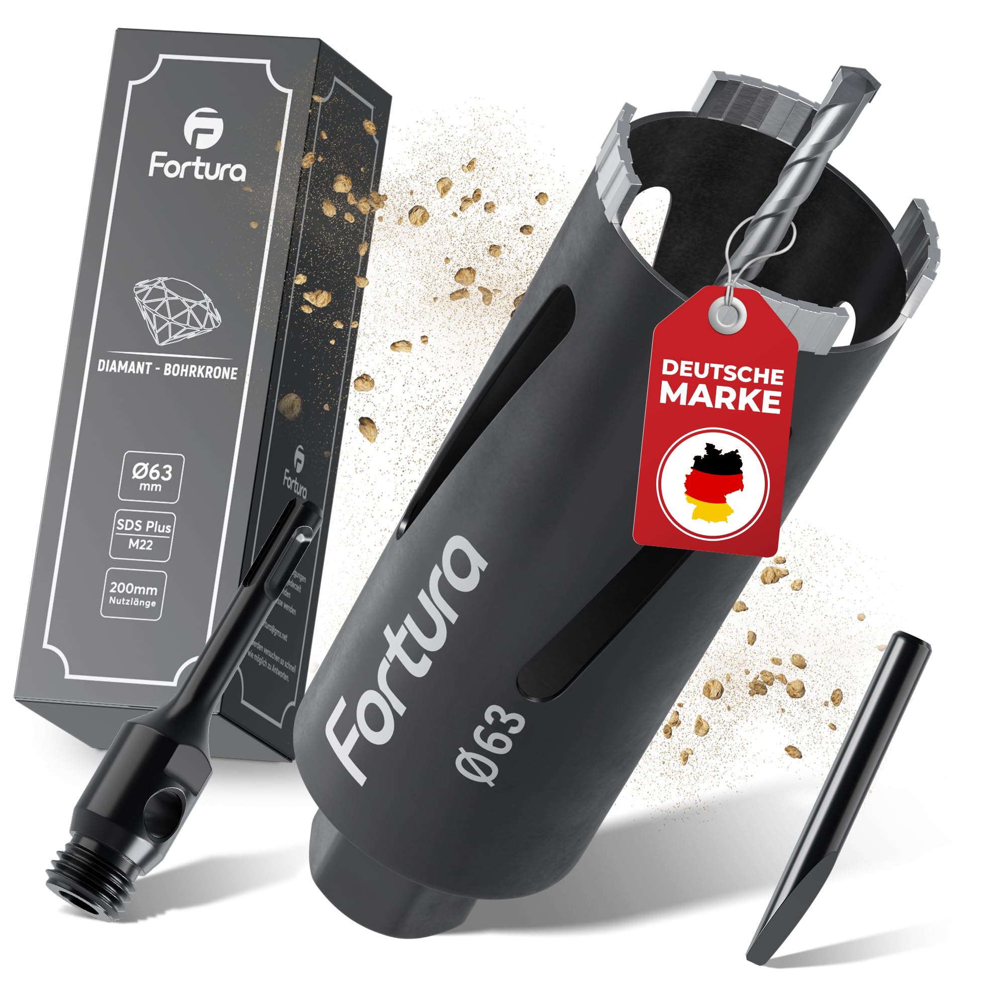 Fortura® Kernbohrer/Bohrkrone Ø32-162mm / 200mm Länge/SDS Plus/Dosenbohrer/Diamantbohrkrone/Bohrkrone Steckdose/Kernlochbohrer/Diamant(Ø63x200mm)
