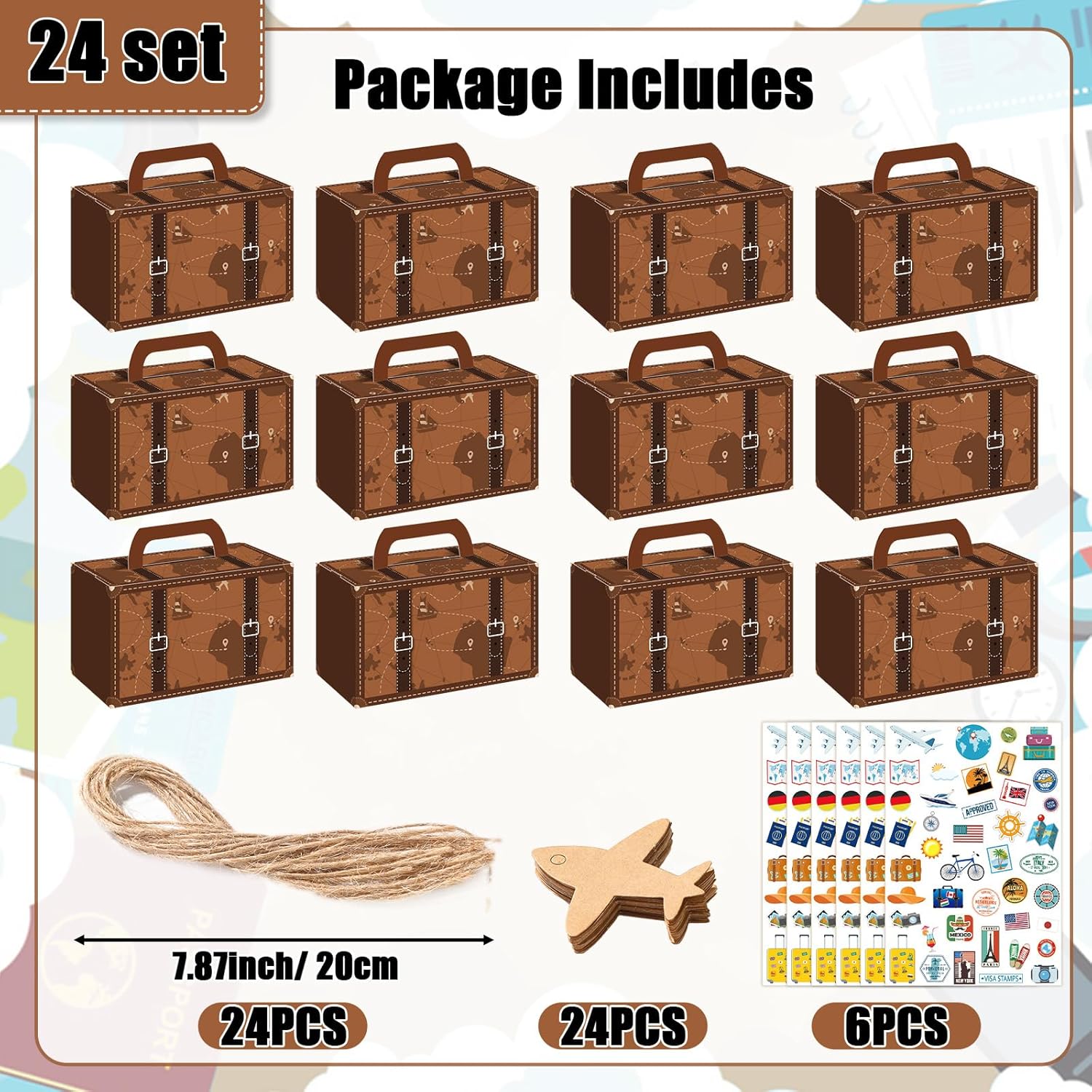 Large Vintage Travel Suitcase Box Party Favor Travel Party Decorations Brown Suitcase Candy Paper Box DIY Journey Gift Luggage Name Tag Sticker Party Supplies for Birthday Wedding Bridal Shower, 24Pcs