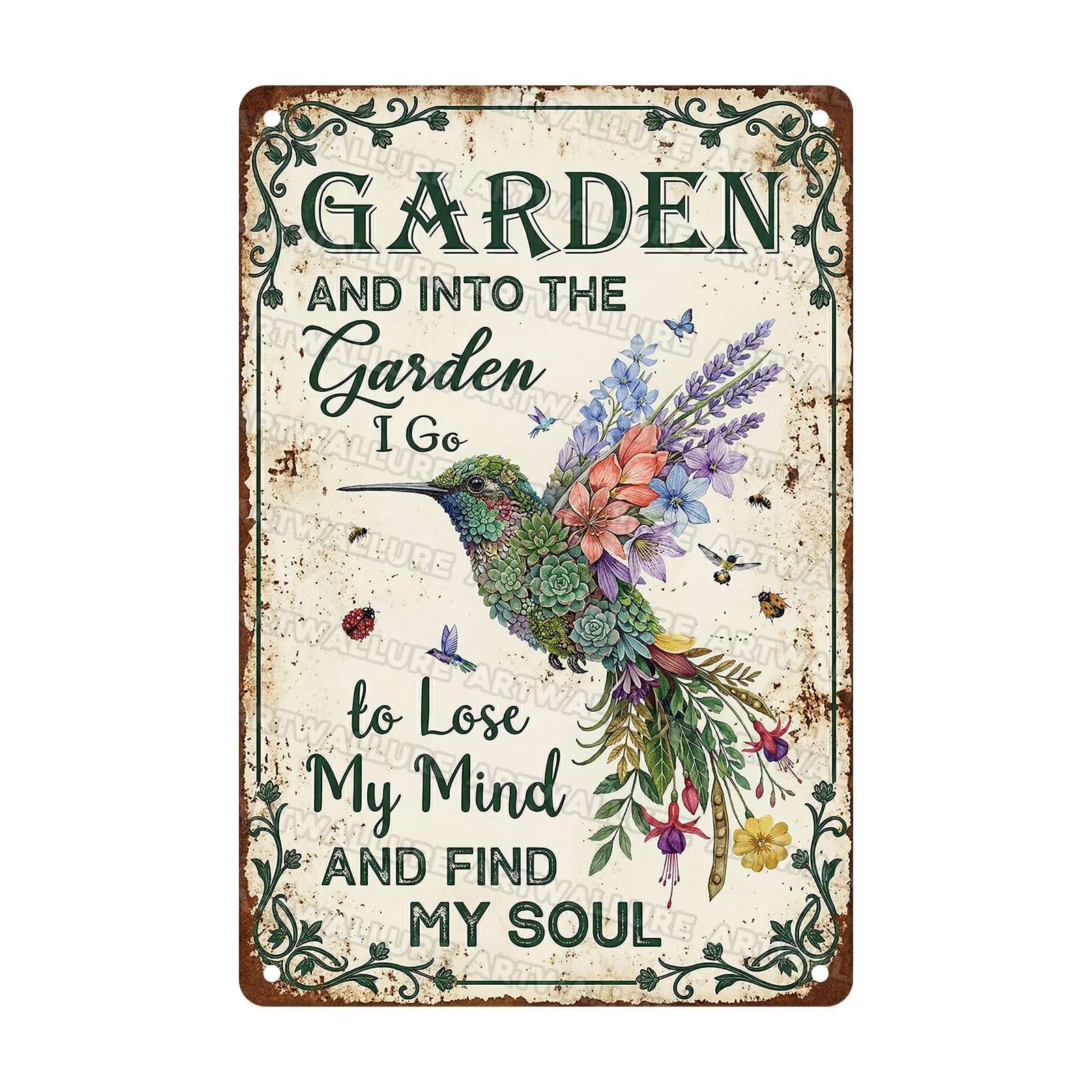 Hummingbird Garden Tin Sign Peaceful Wall Plaque And Into The Garden I Go To Lose My Mind And Find My Soul Vintage Metal Sign For Nature Lovers Outdoor Yard Patio Sunroom Decor 8x12Inch