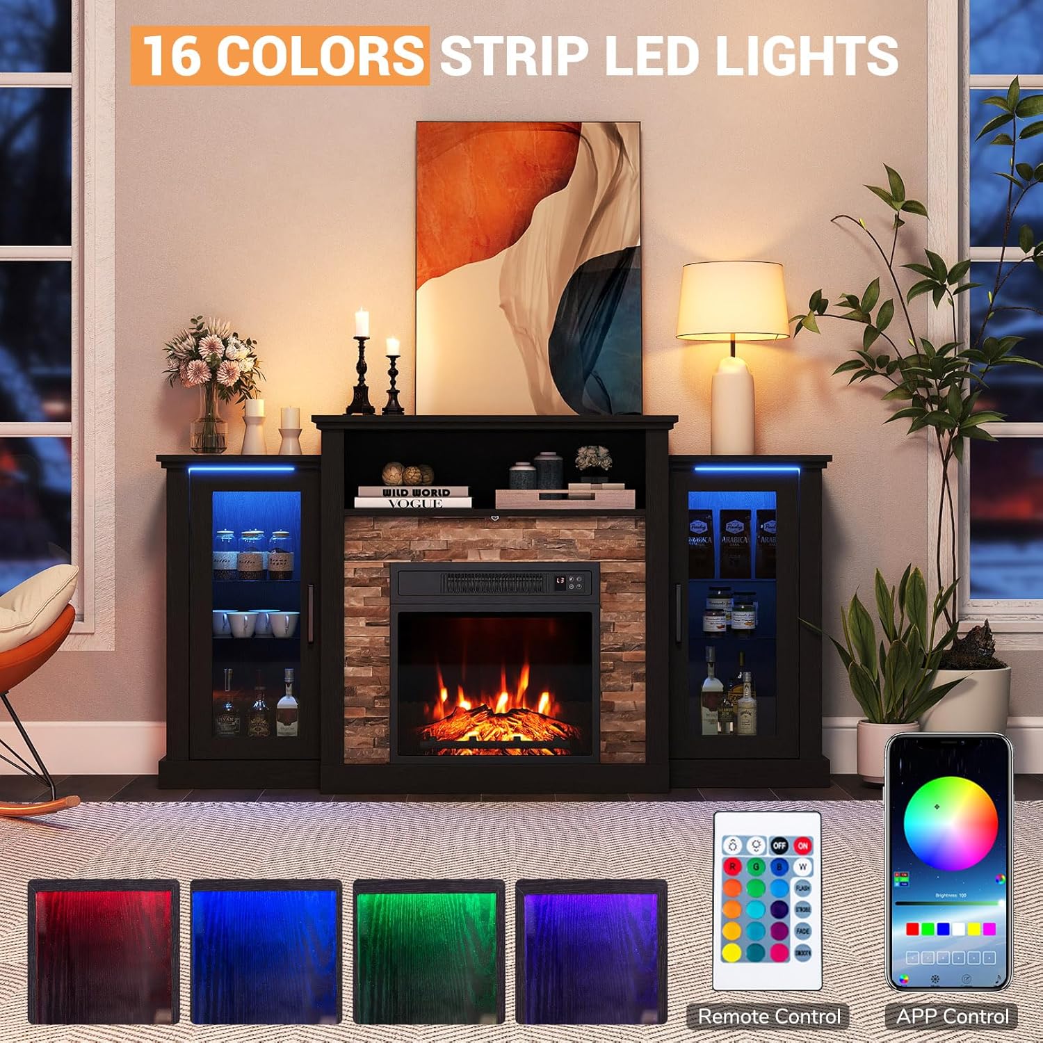 ARLIME 59 Inch Electric Fireplace TV Stand, Fireplace Heater with Mantel, 19 Inch Fireplace Insert with Remote/App Control, 16 Color LED Lights & Overheat Protection for Living Room (Black)