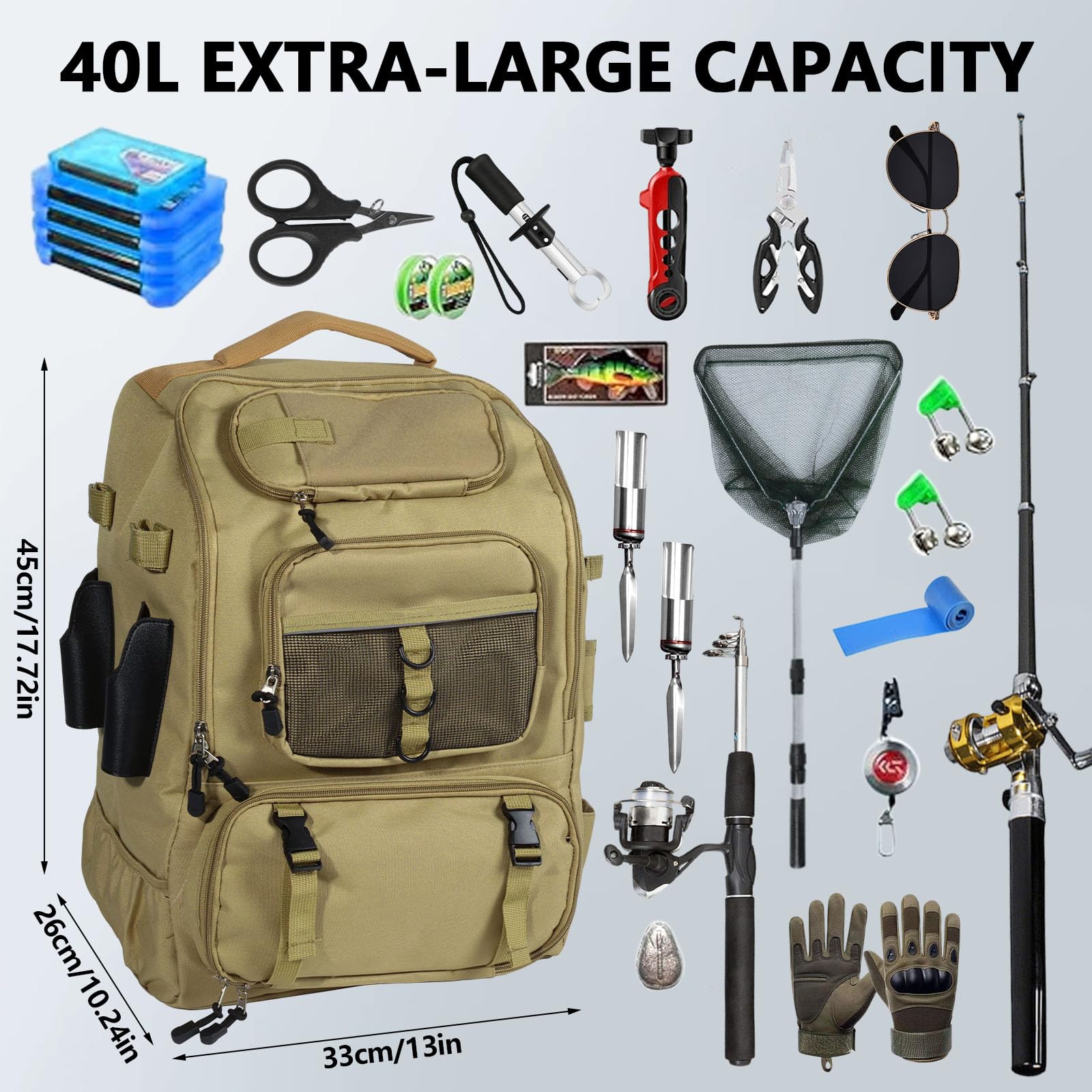 40L Angelrucksack Mit Angelrutenhalter, Wasserdichtes Oxford-Gewebe Angeltasche, Multifunktional Angel Rucksack für Angeln, Jagen und Wandern Verwendet.