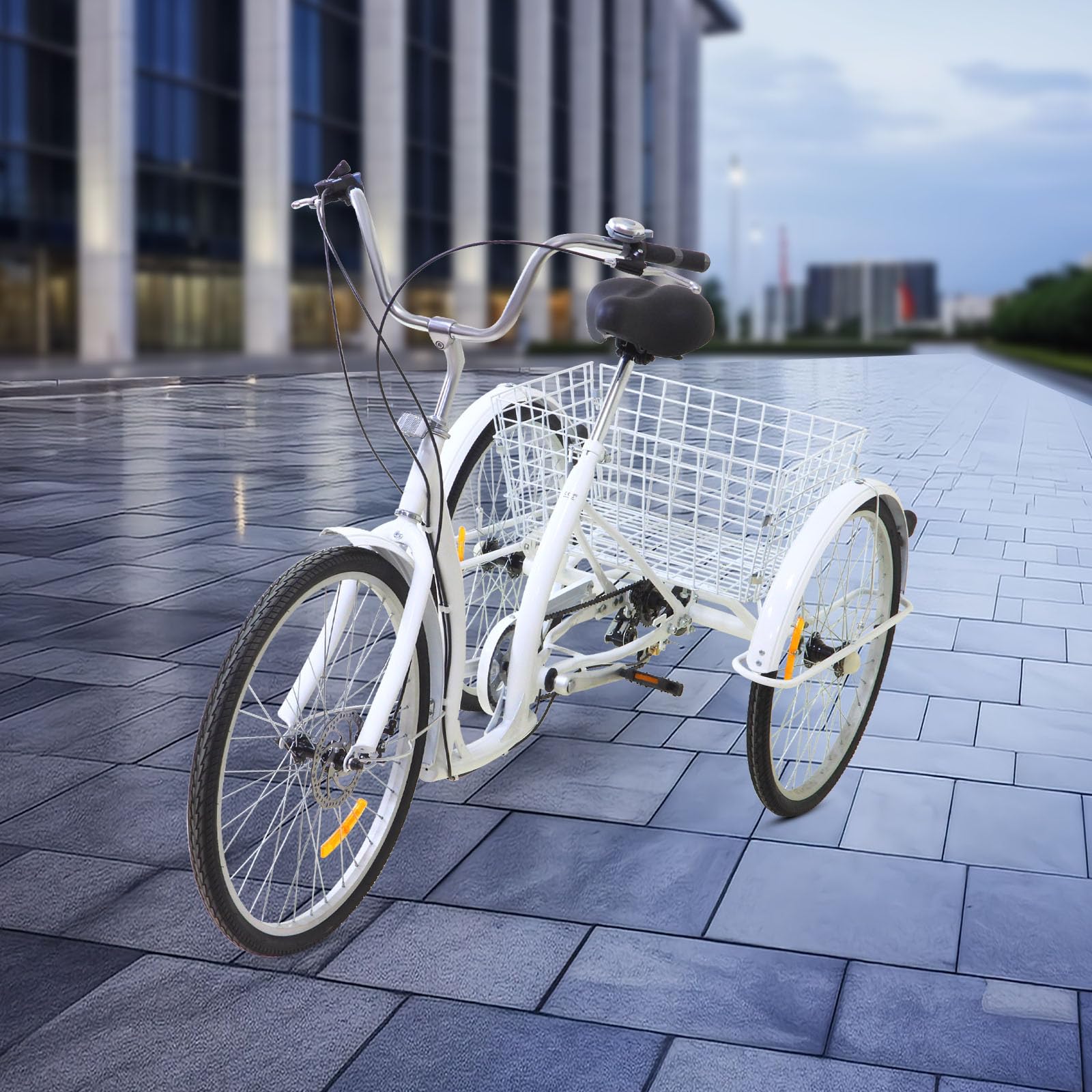 Triciclo per adulti da 26 pollici a 6 velocità, bicicletta da crociera a 3 ruote con cestino per la spesa, parafanghi, campana luminosa riflettente, pedali antiscivolo, doppi freni, per triciclo da ca
