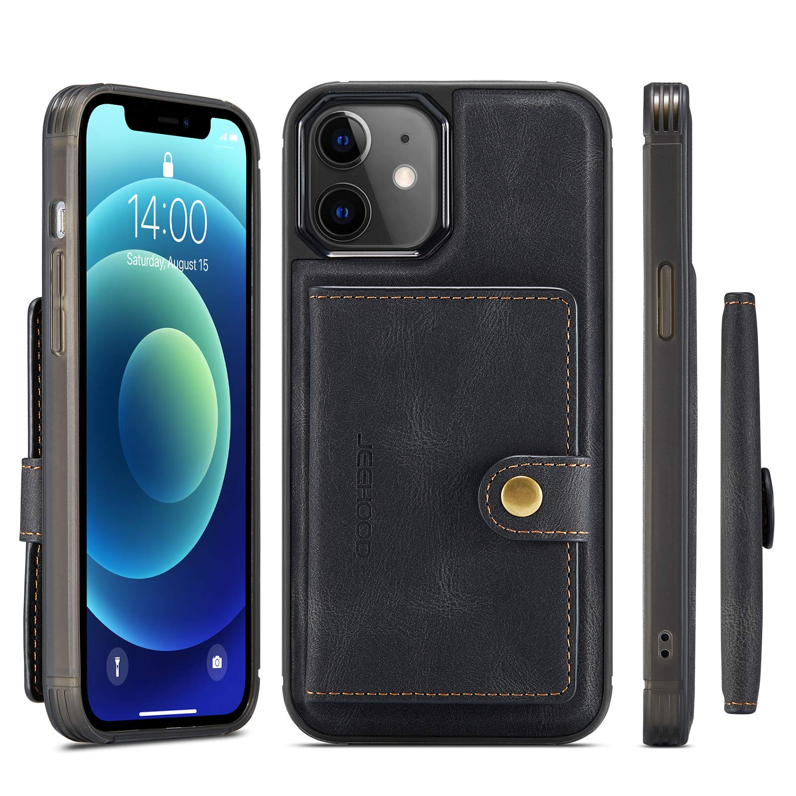 Phone Wallet Shell for iPhone 12 Mini Black Holder with 4 Card Slots 2 Cash Pockets Detachable Slim Cover,5.4inch Wireless Charging Support All-Around Shockproof Gift for Girls Boys