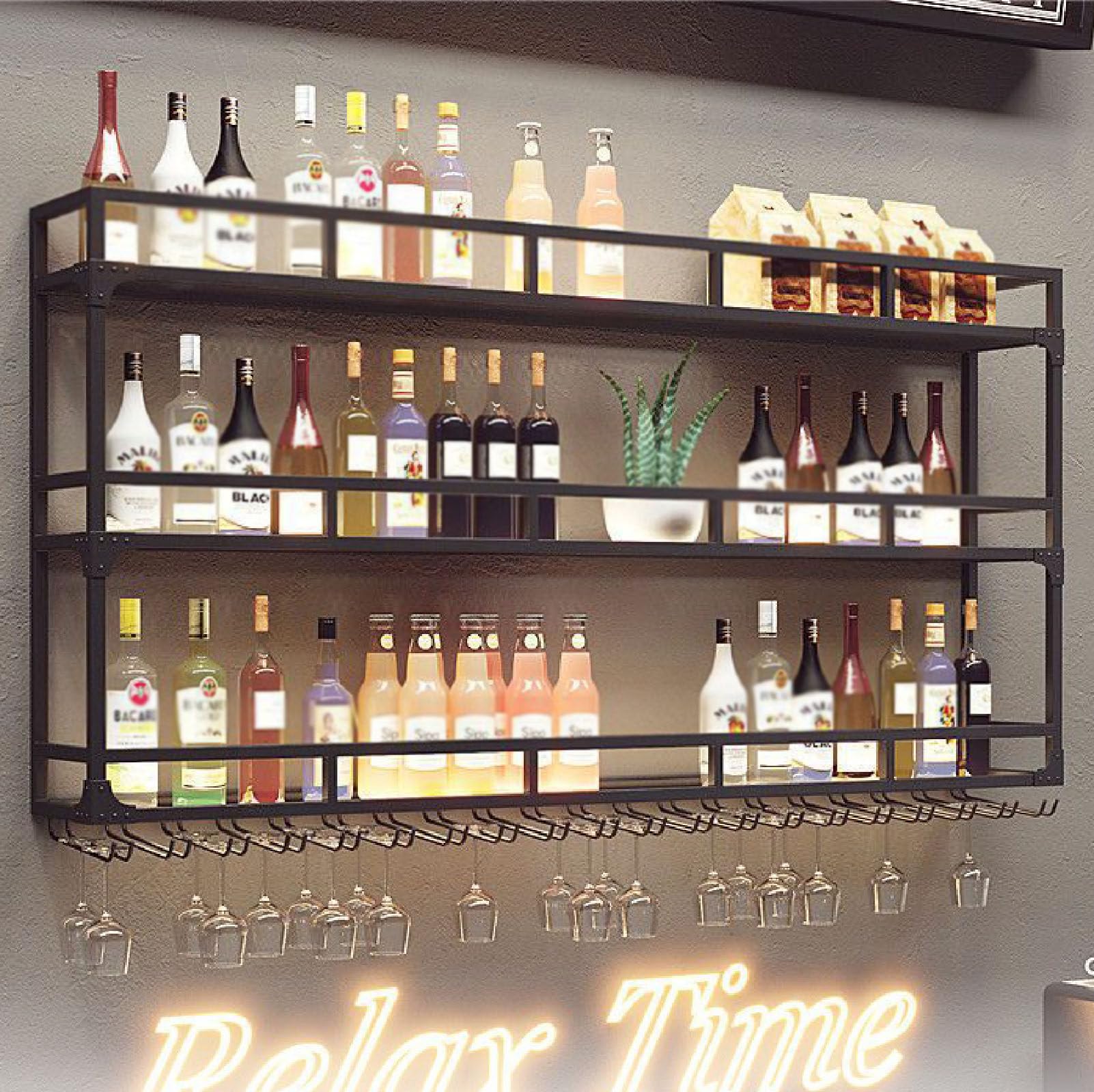 Mensola da bar galleggiante a LED con supporto per bicchieri da vino, multifunzione, per casa, bar o cucina, nero (120 x 20 x 86 cm)