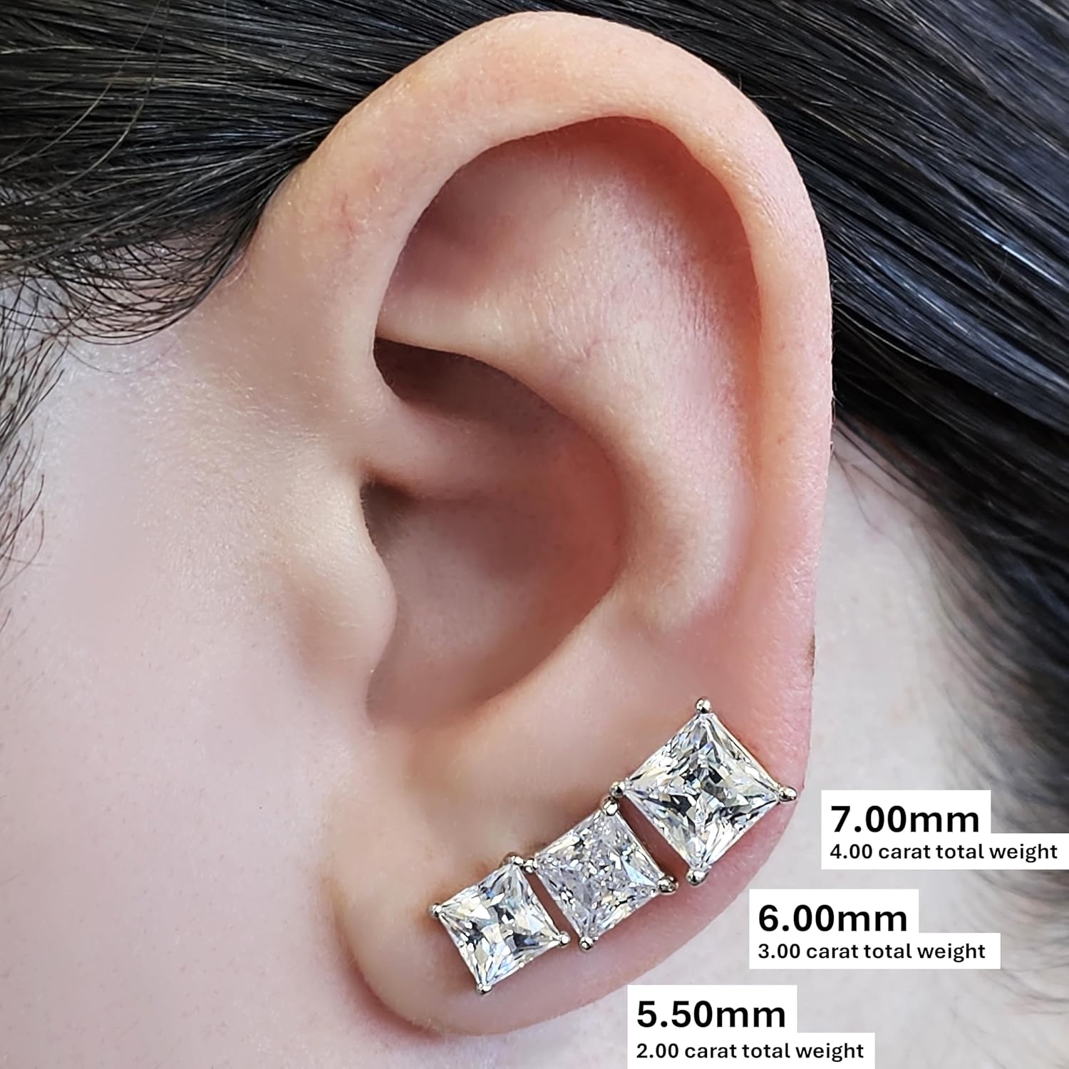 NANA Jewels Princess Cut Simulated Diamond Stud Earrings Silver & CZ 1.50ct - 4.00ct Hypoallergenic