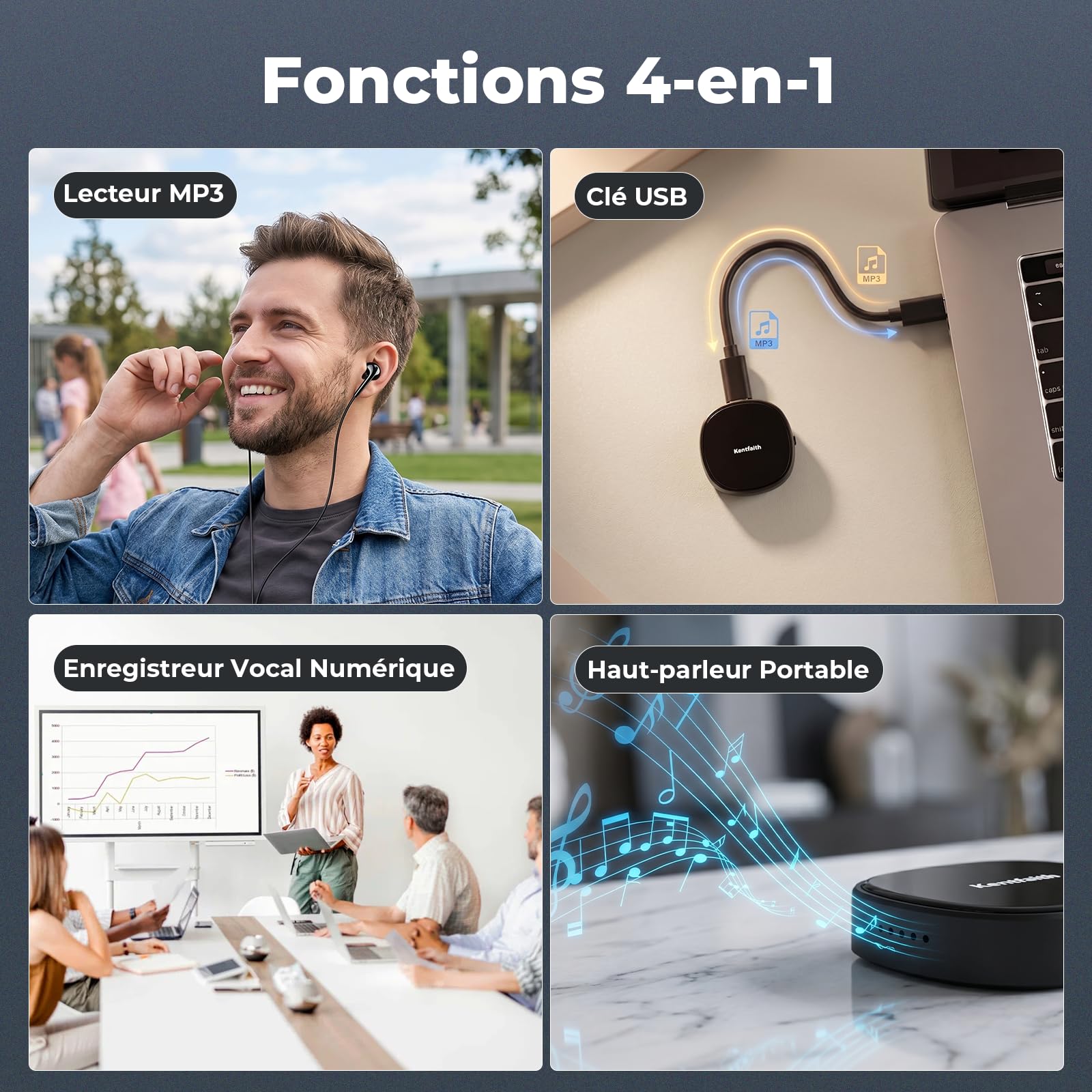 Kentfaith Dictaphone Enregistreur Vocal 64 Go Magnétique Activation Vocale