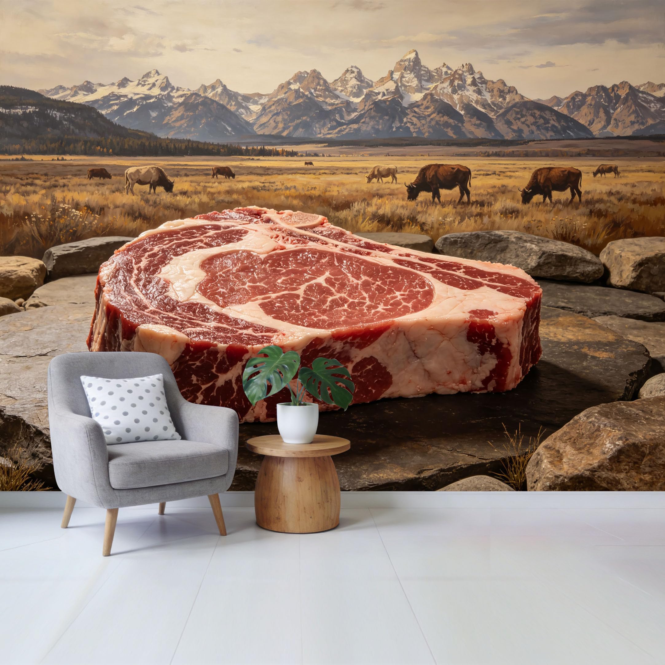 Qzlithotic Yq2605250373 Custom Size Wall Mural Raw Beef Steak On Stone With Majestic Mountain Peak And Cattle Grazing Landscape Oil Painting Selfadhesive Wall Fabric Removable Wallpaper For Home Office Decor