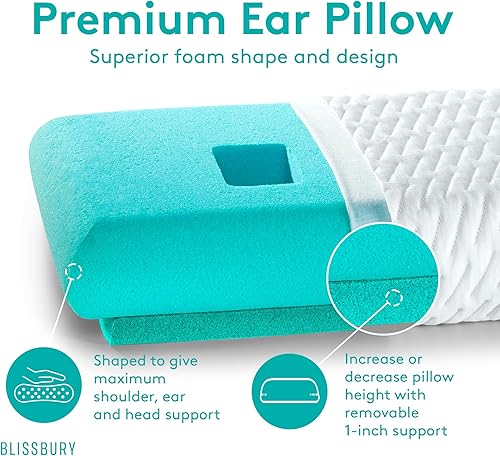 Miniatura 6 de BLISSBURY Almohada de oreja con funda de satén  Diseño de almohada para perforación de oreja  Almohada de espuma viscoelástica ajustable de 4 a 5