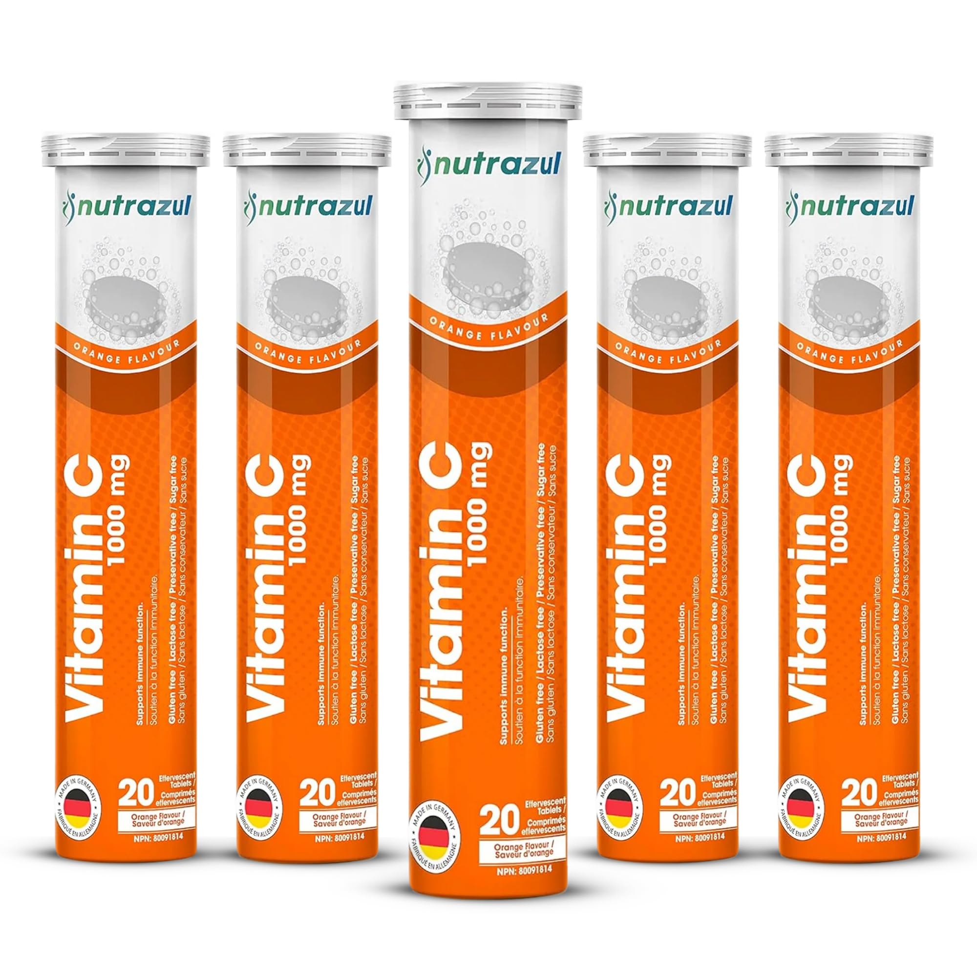 nutrazul Vitamin C 1000mg Effervescent Tablets, VIT C Supplement to Help Maintain Immune Function, Gluten-Free, Lactose-Free, Sugar-Free, Preservative-Free, Orange Flavor, 20 Count, (Pack of 5x20) 100 Count (Pack of 1)