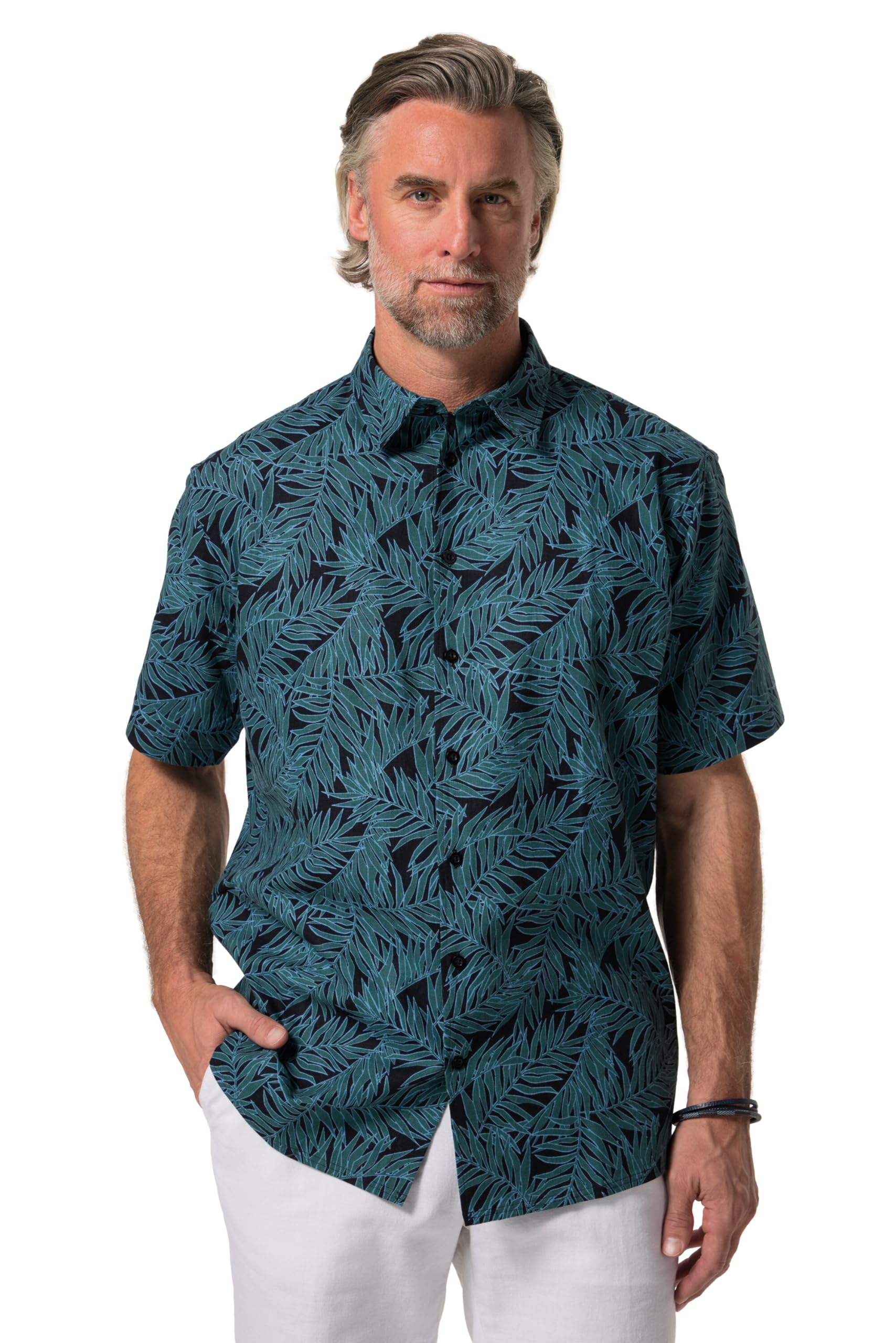Boston Park Herren große Größen Übergrößen Menswear L-8XL Leinenmix-Hemd, Halbarm, floraler Print, Kentkragen, Comfort Fit 837861